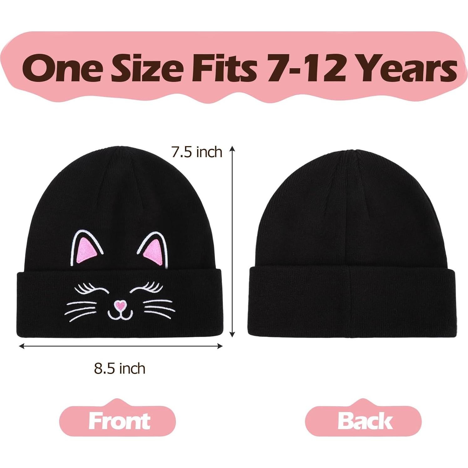 Gorra de Invierno Tejida Unisex Gato Bordado para Niños 7-12 Años