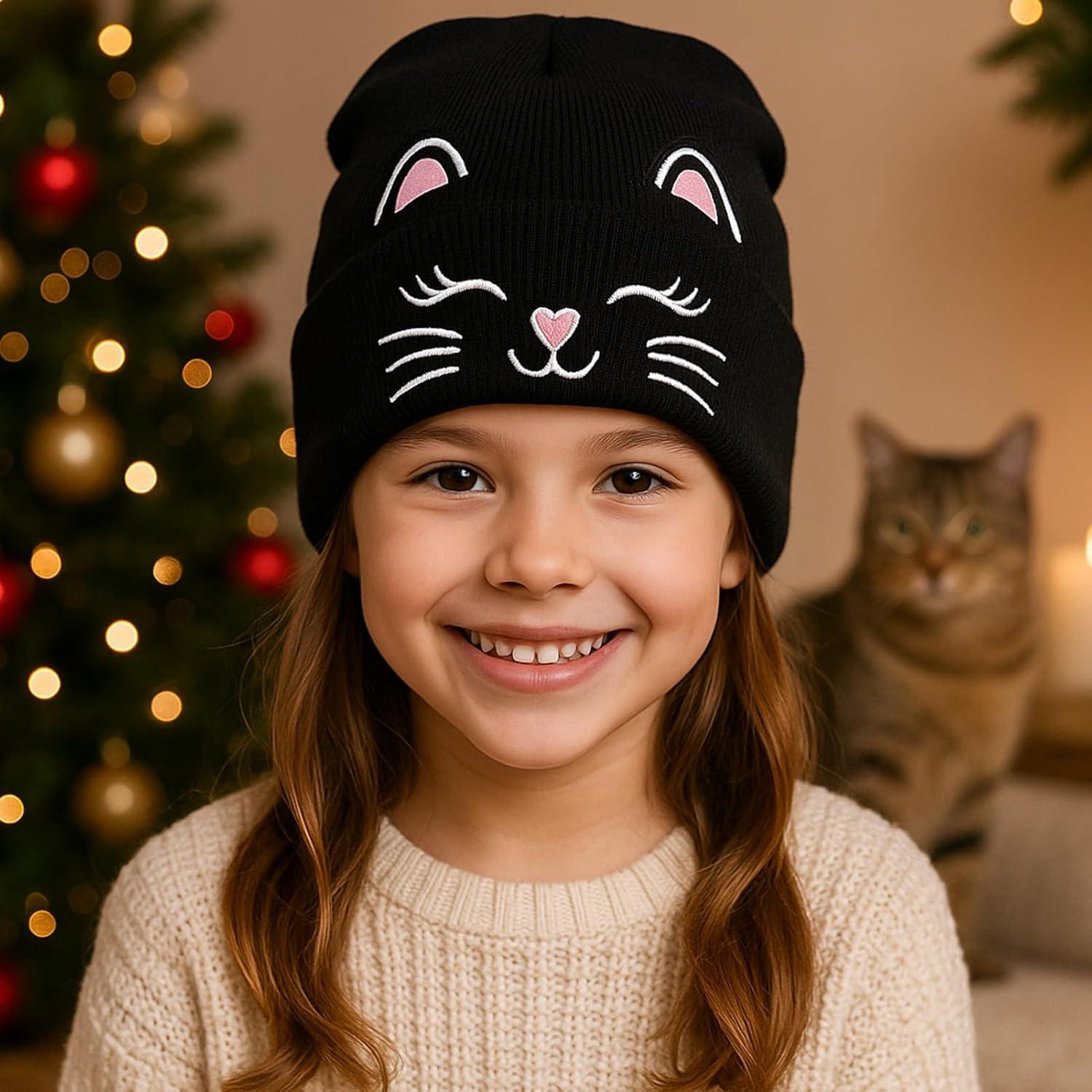 Gorra de Invierno Tejida Unisex Gato Bordado para Niños 7-12 Años