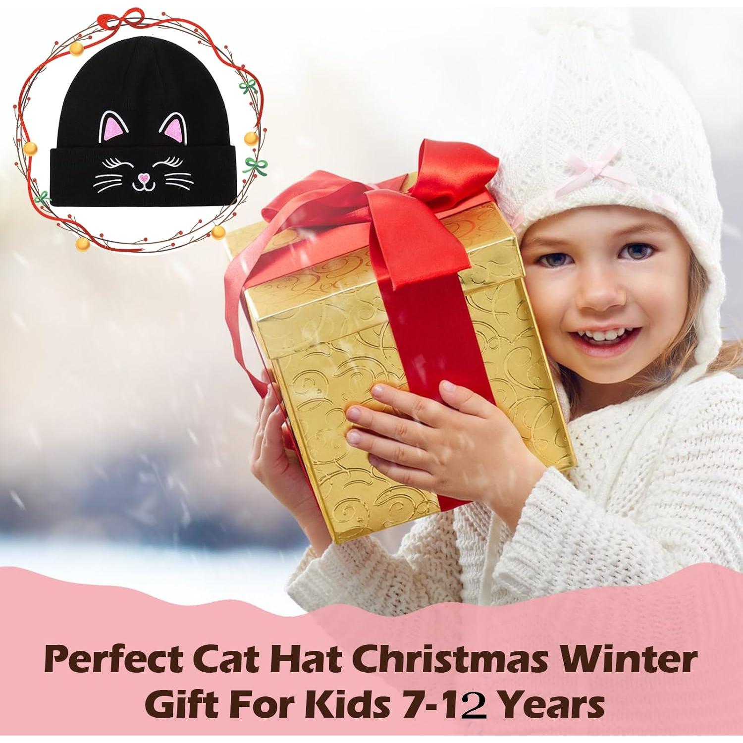 Gorra de Invierno Tejida Unisex Gato Bordado para Niños 7-12 Años