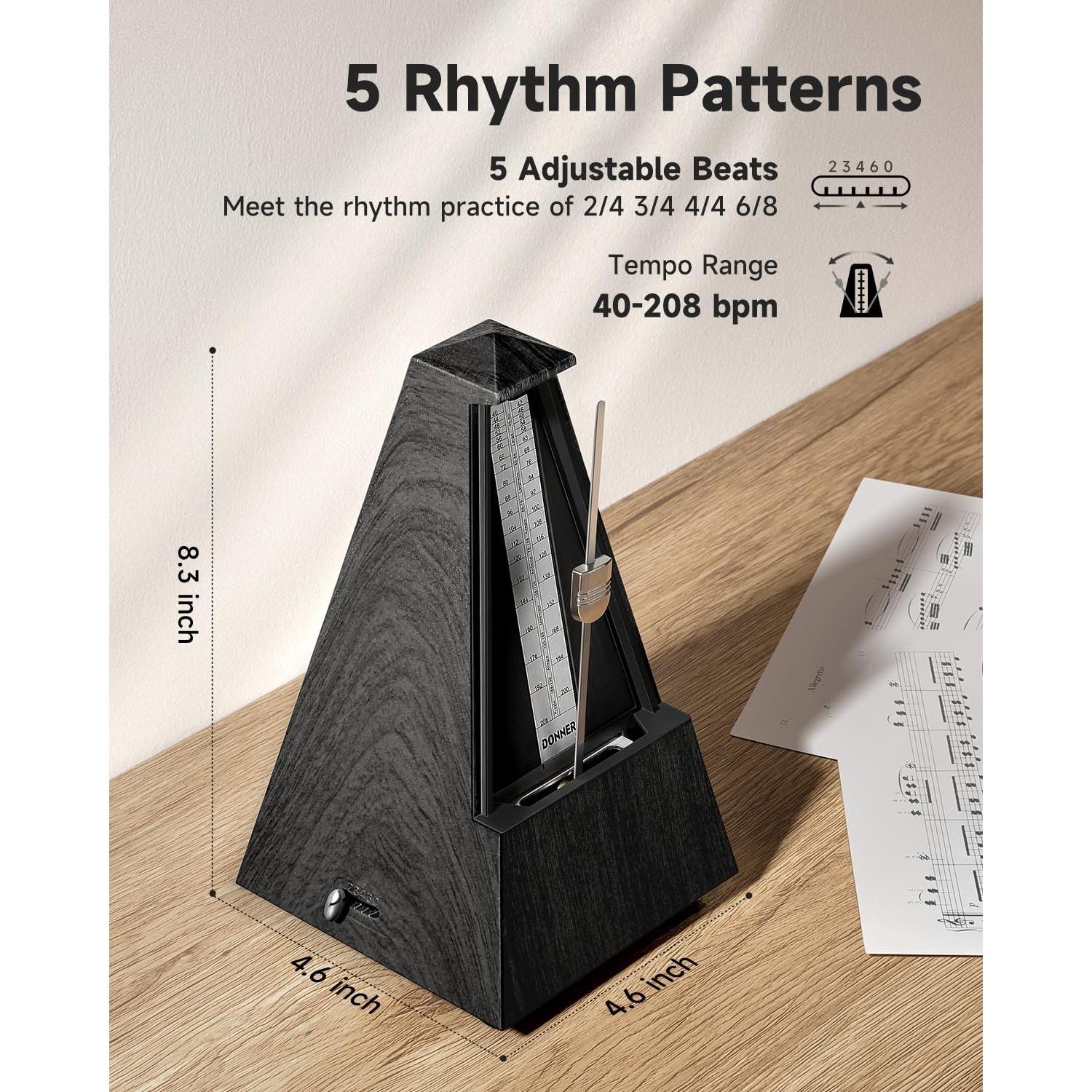 Metrónomo Mecánico Donner DPM-1 para Piano y Guitarra, Negro