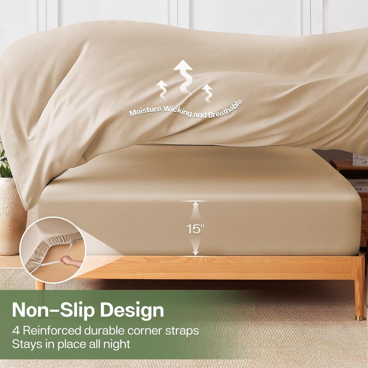 Sábana Ajustable MR&HM Doble Beige 30% Rayón Bambú 70% Poliester