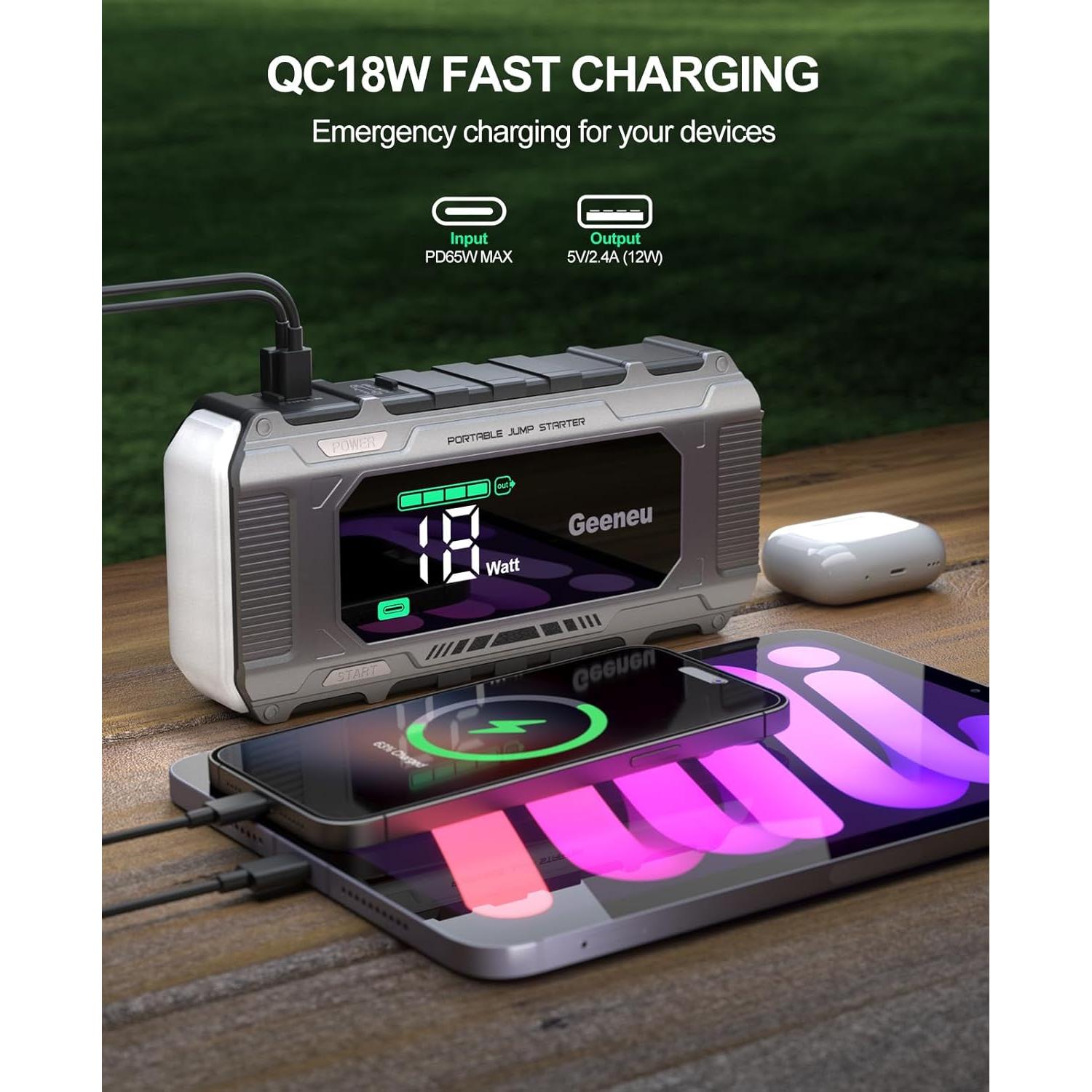 Arrancador de Batería Portátil Geeneu W26 6000A 12V con Pantalla