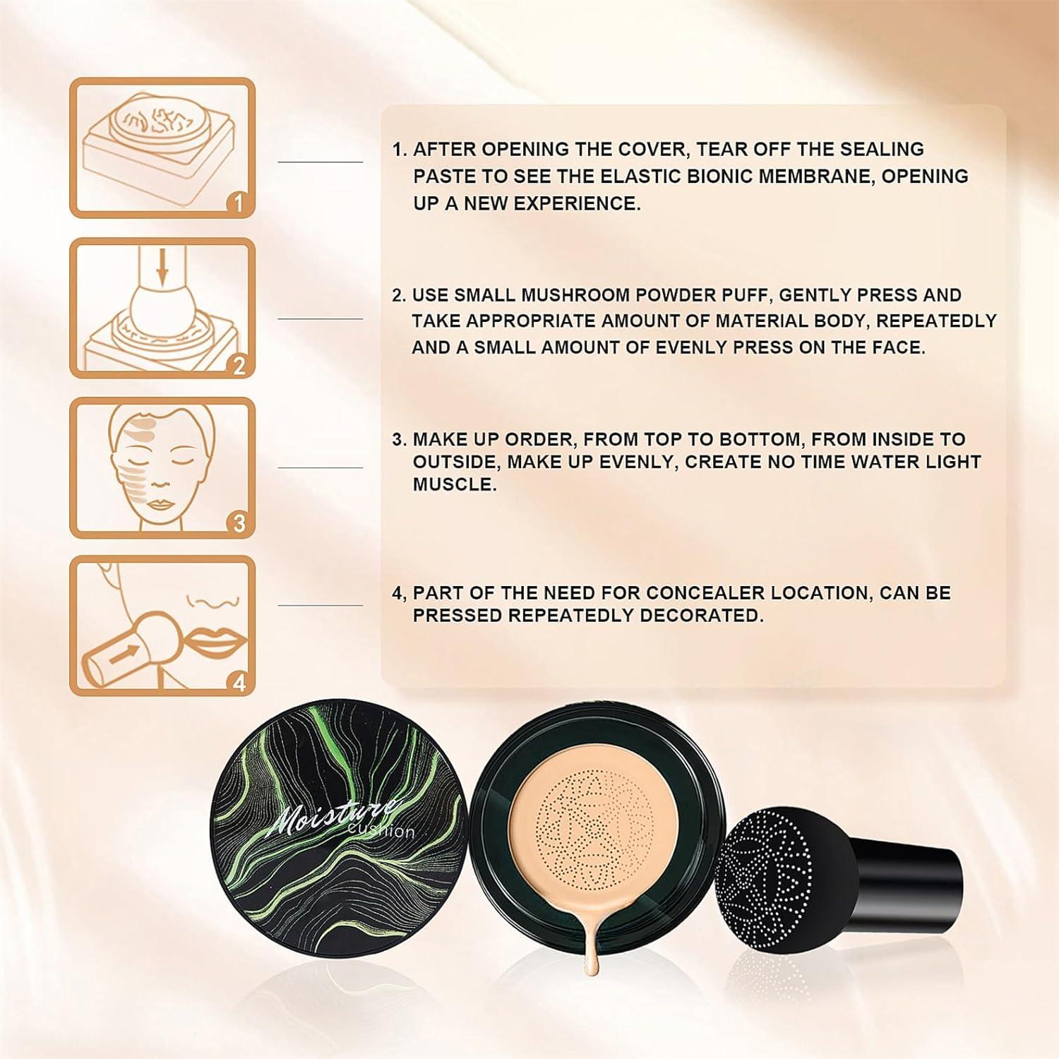 Air Cushion CC Cream Foundation - Mushroom Head BB Cream Concealer Makeup Base Moisturizing & Long-Lasting for All Skin Types and Even Color Correcting (Buff Beige)