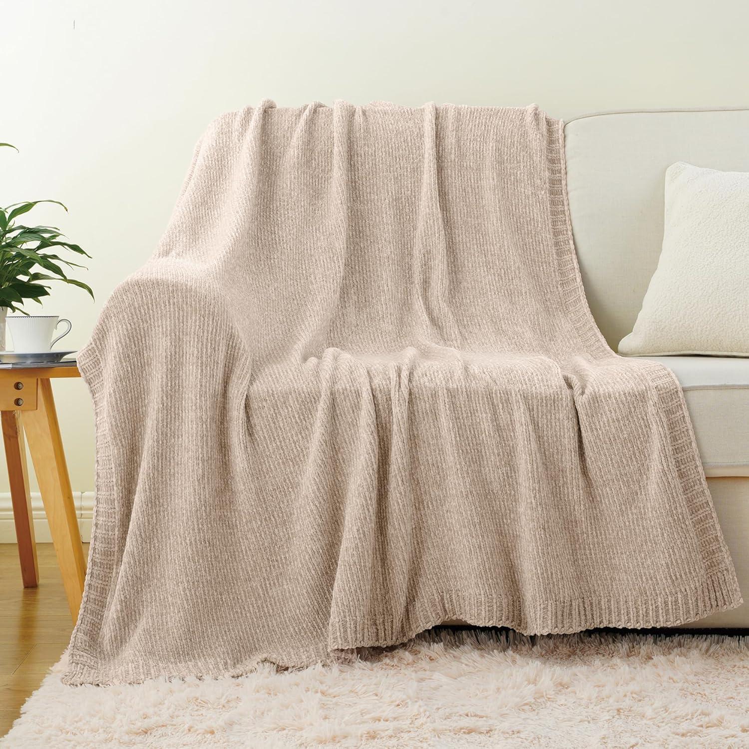 Manta de Chenille BATTILO HOME Beige 129x170 cm Suave y Ligera