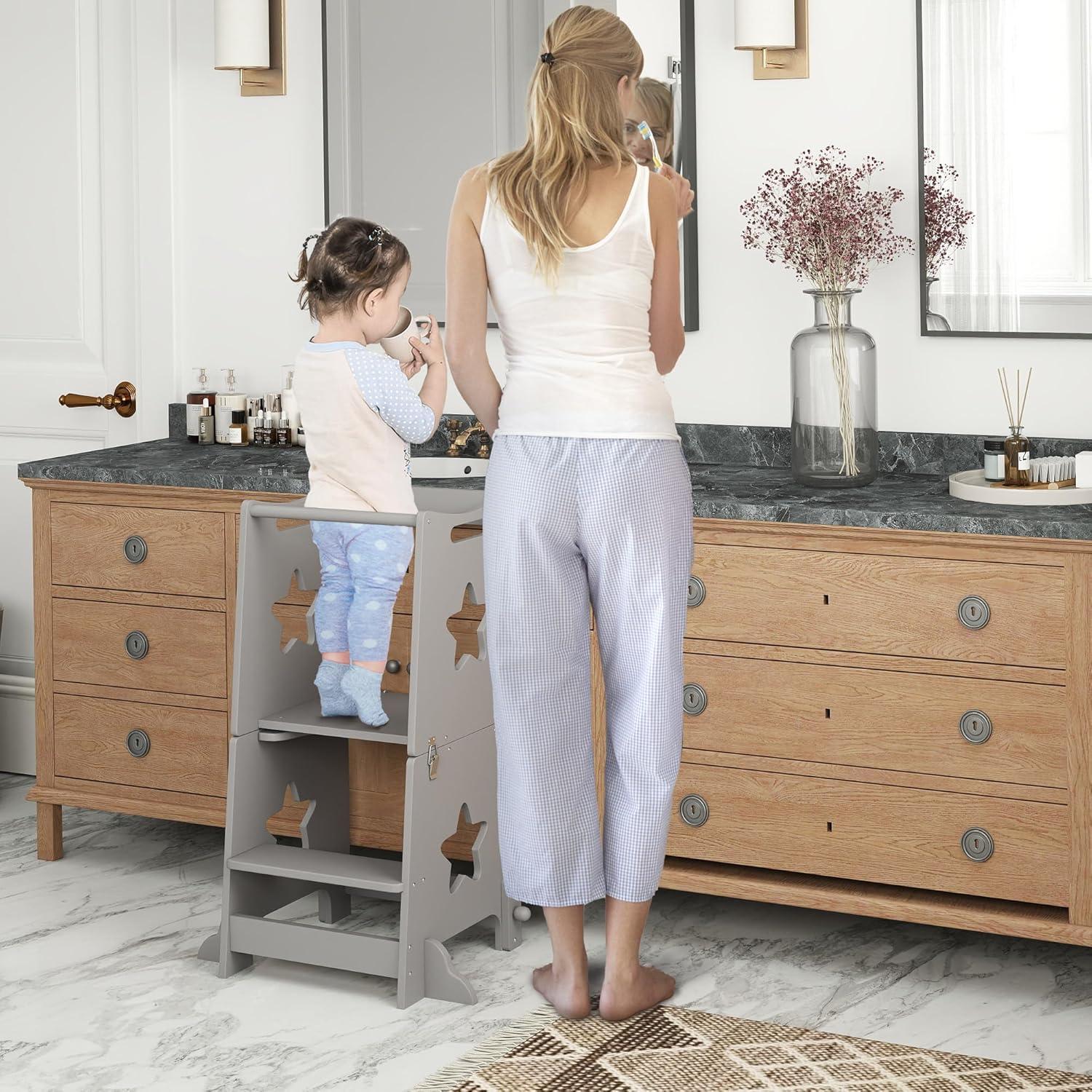 Torre de Pie 2 en 1 Qaba para Niños con Barandilla Gris