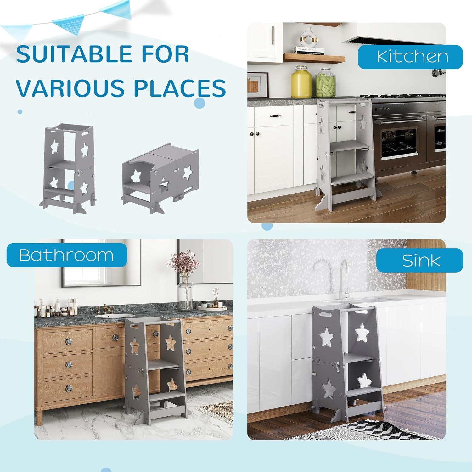 Torre de Pie 2 en 1 Qaba para Niños con Barandilla Gris