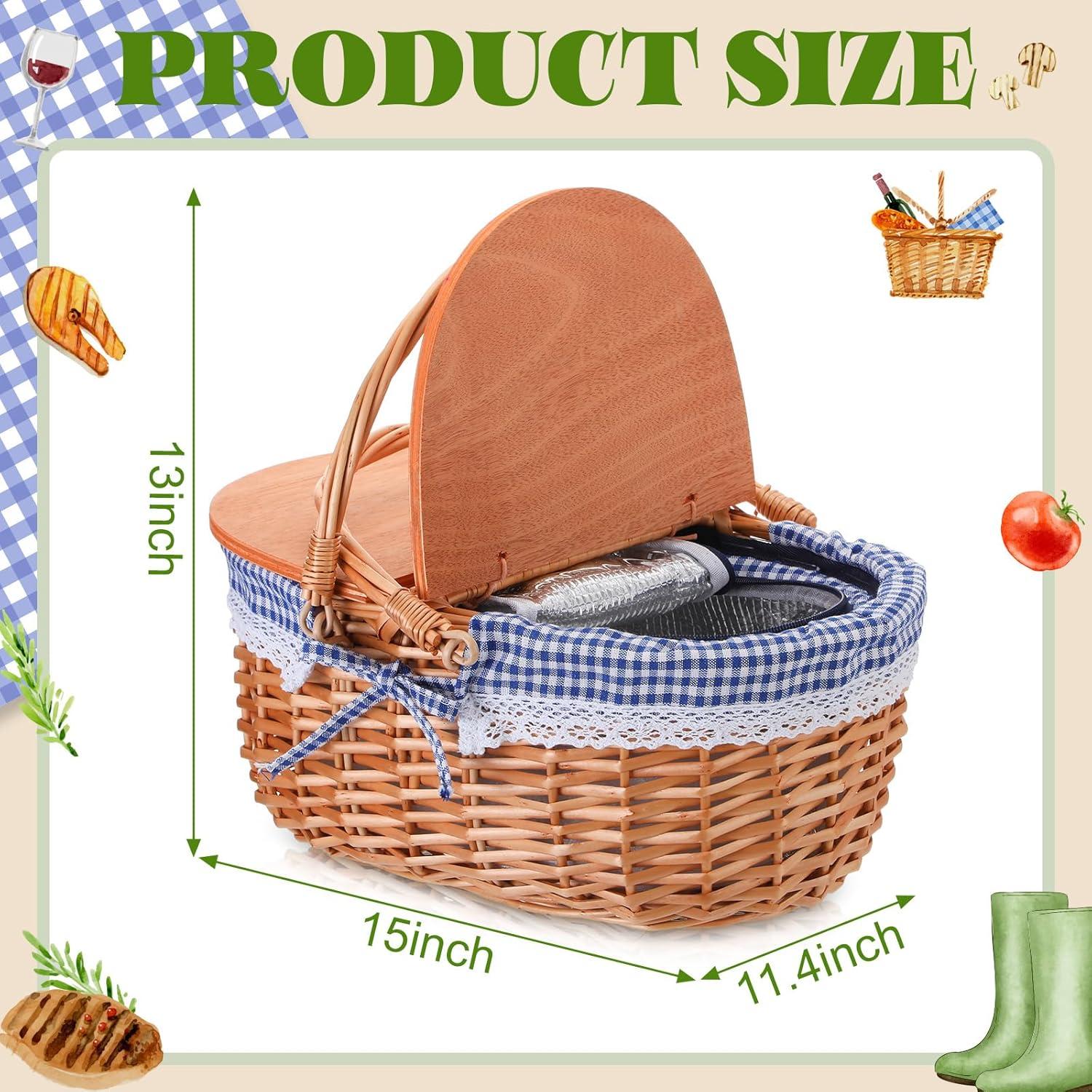 Cesta de Picnic Aislada de Mimbre DoubleFill 38x29x33cm Cuadro Azul