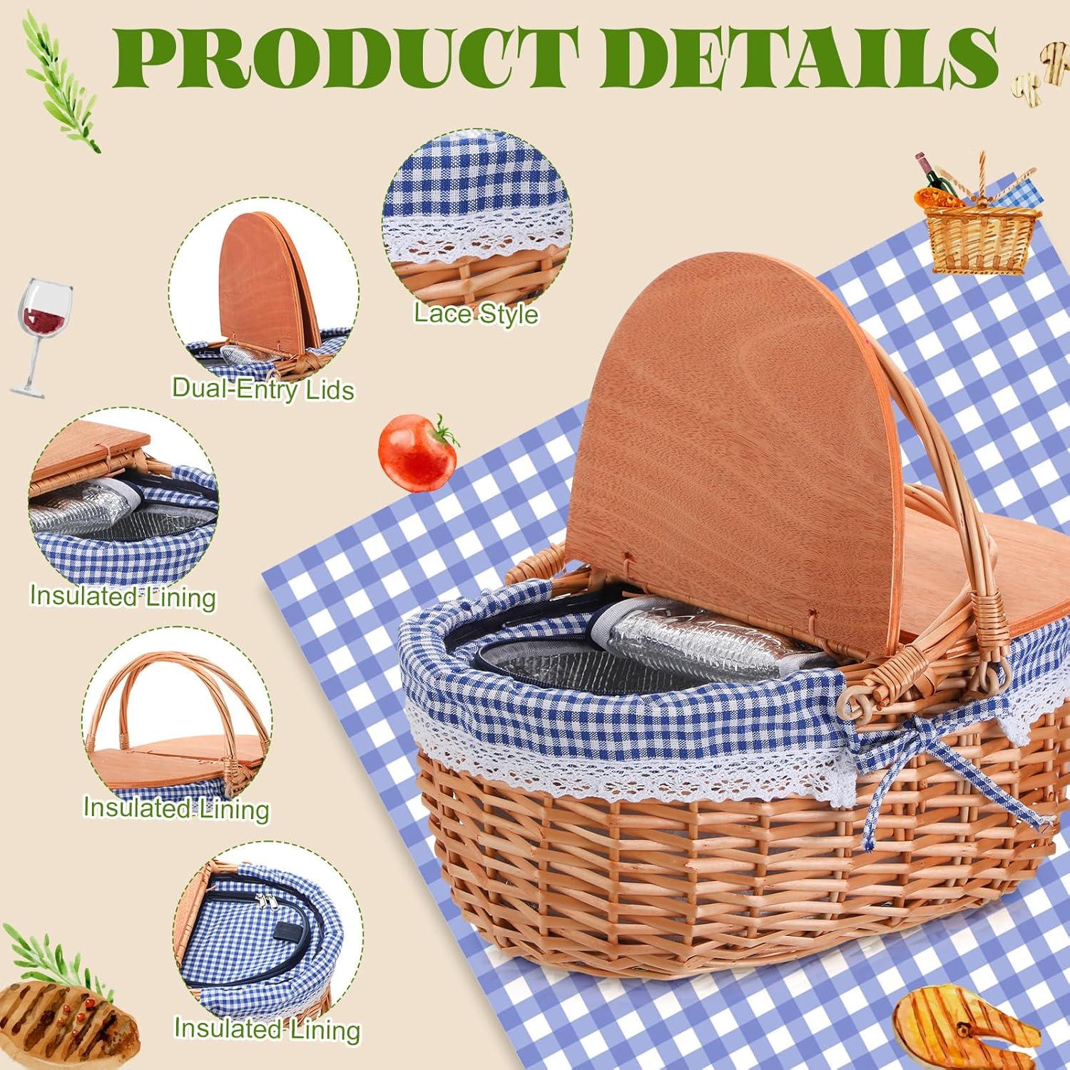Cesta de Picnic Aislada de Mimbre DoubleFill 38x29x33cm Cuadro Azul