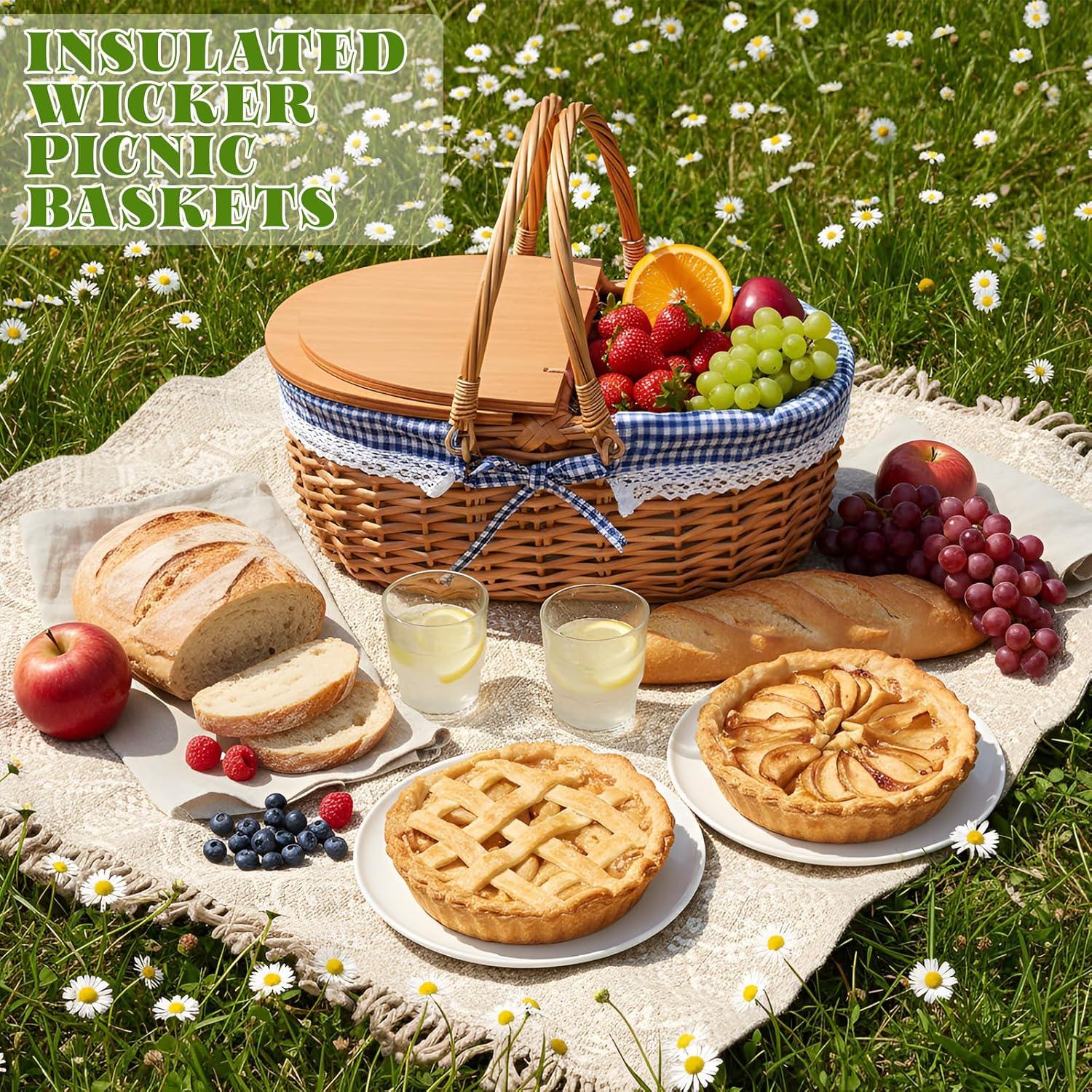 Cesta de Picnic Aislada de Mimbre DoubleFill 38x29x33cm Cuadro Azul