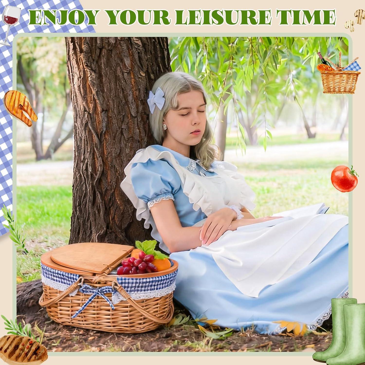 Cesta de Picnic Aislada de Mimbre DoubleFill 38x29x33cm Cuadro Azul