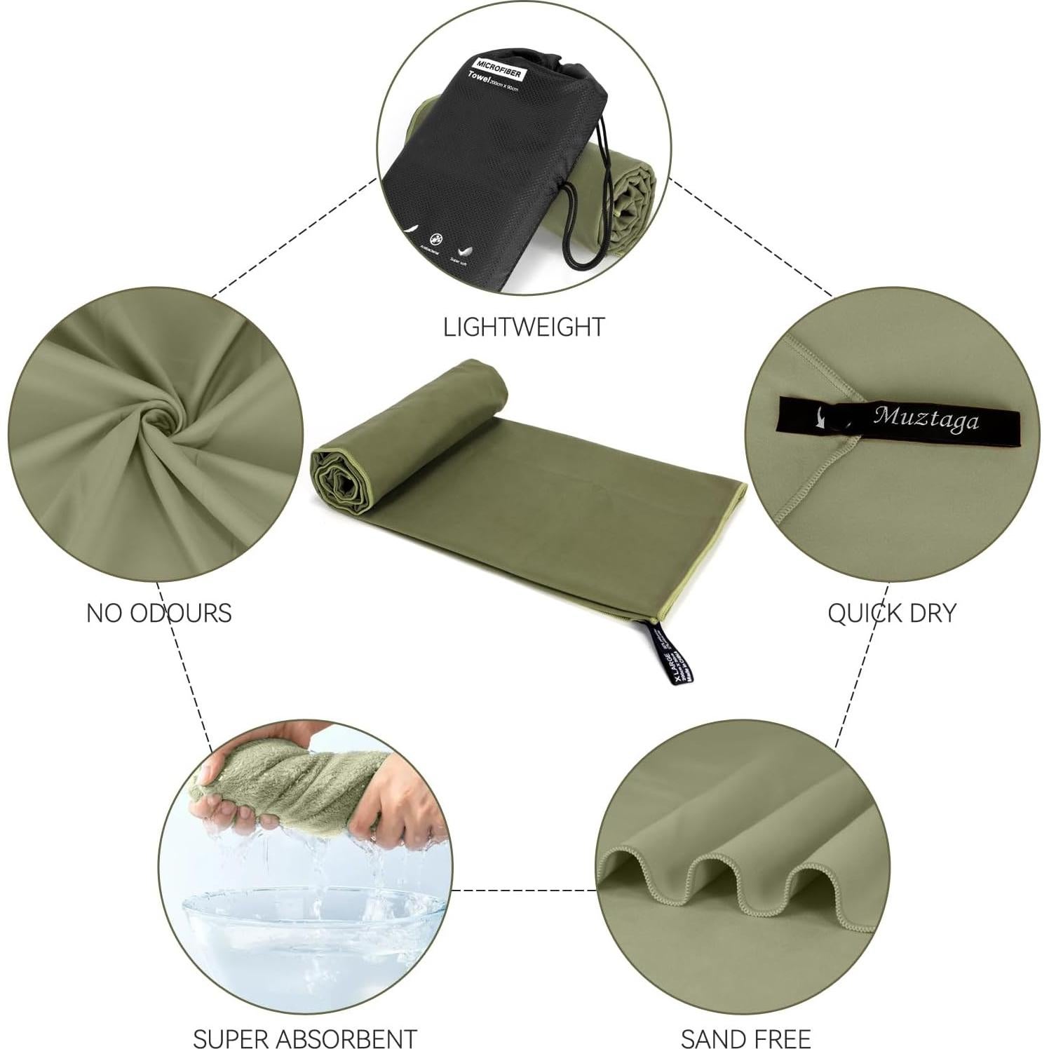 Toalla de Playa Muztaga Microfibra Verde Militar 101x50cm