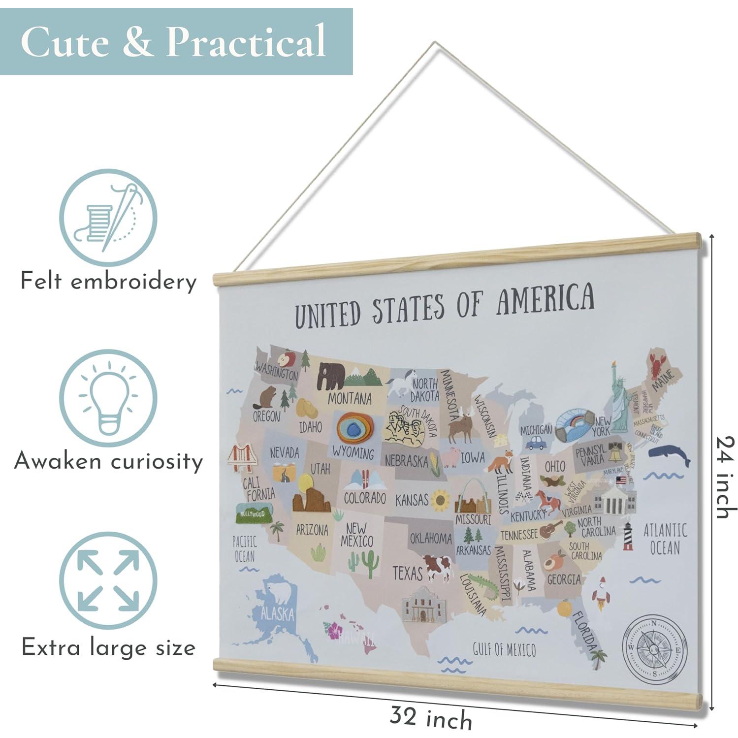 Póster Mapa de EE. UU. Bordado Bon et Beau 81x61 cm