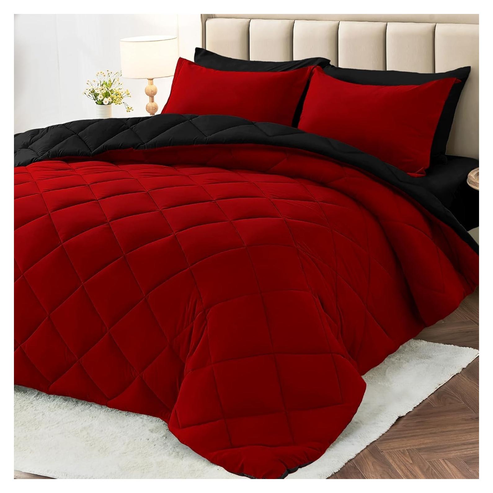 Juego de Edredón Individual MUXHOMO 5 Piezas Rojo y Negro