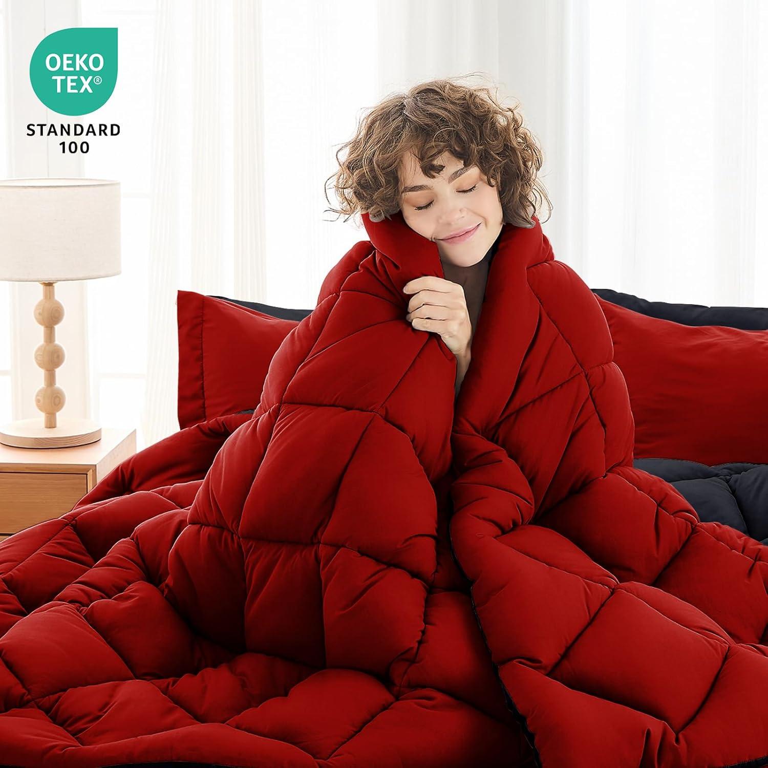 Juego de Edredón Individual MUXHOMO 5 Piezas Rojo y Negro