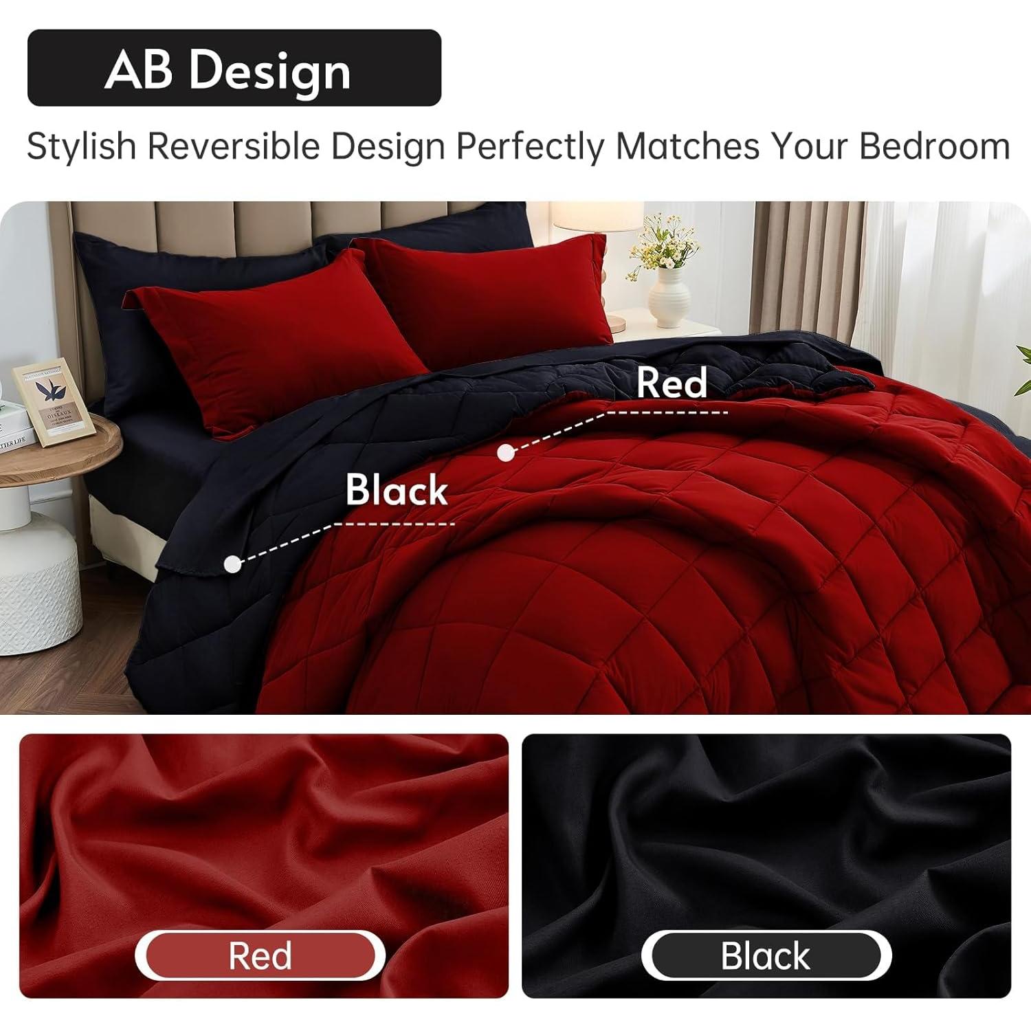 Juego de Edredón Individual MUXHOMO 5 Piezas Rojo y Negro