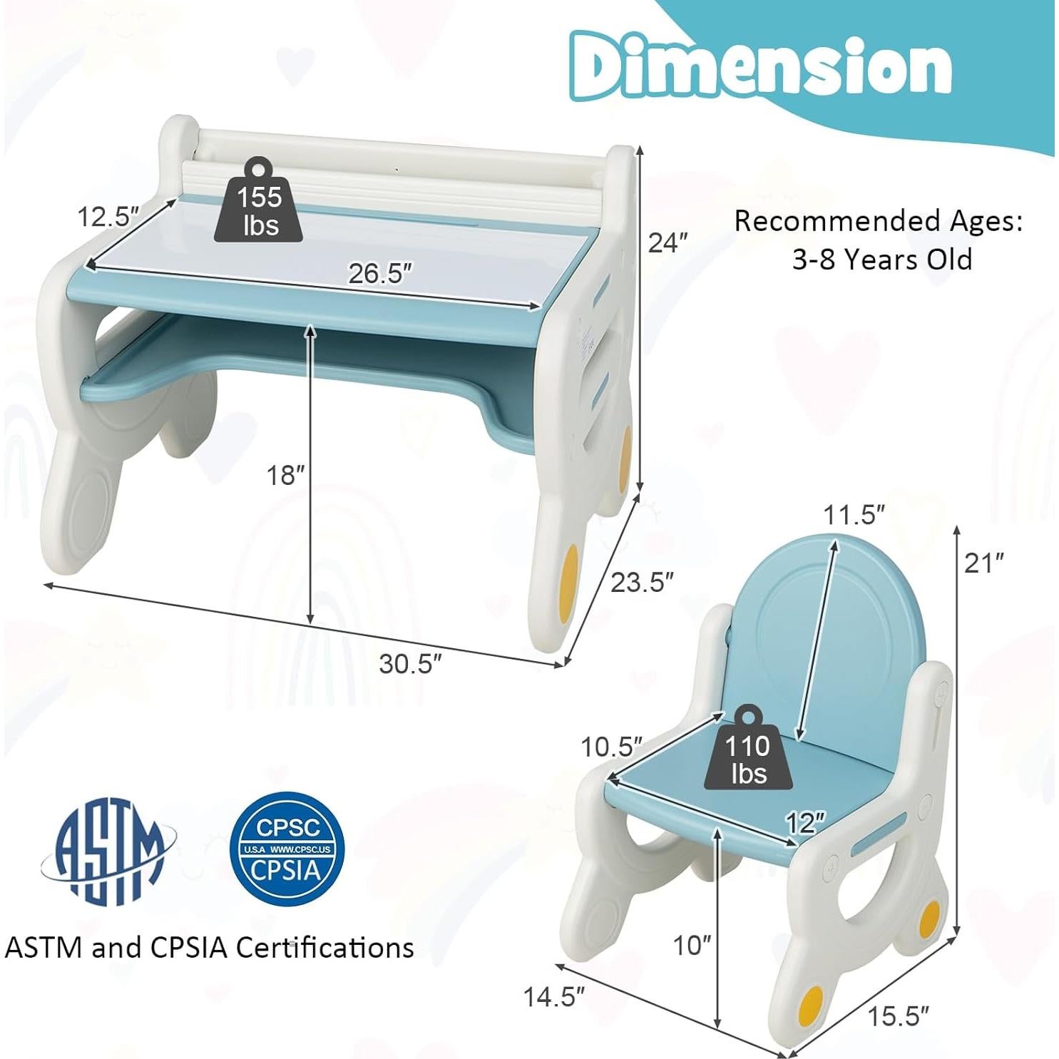 Conjunto de Mesa y Sillas para Niños Costzon Azul 3 Piezas