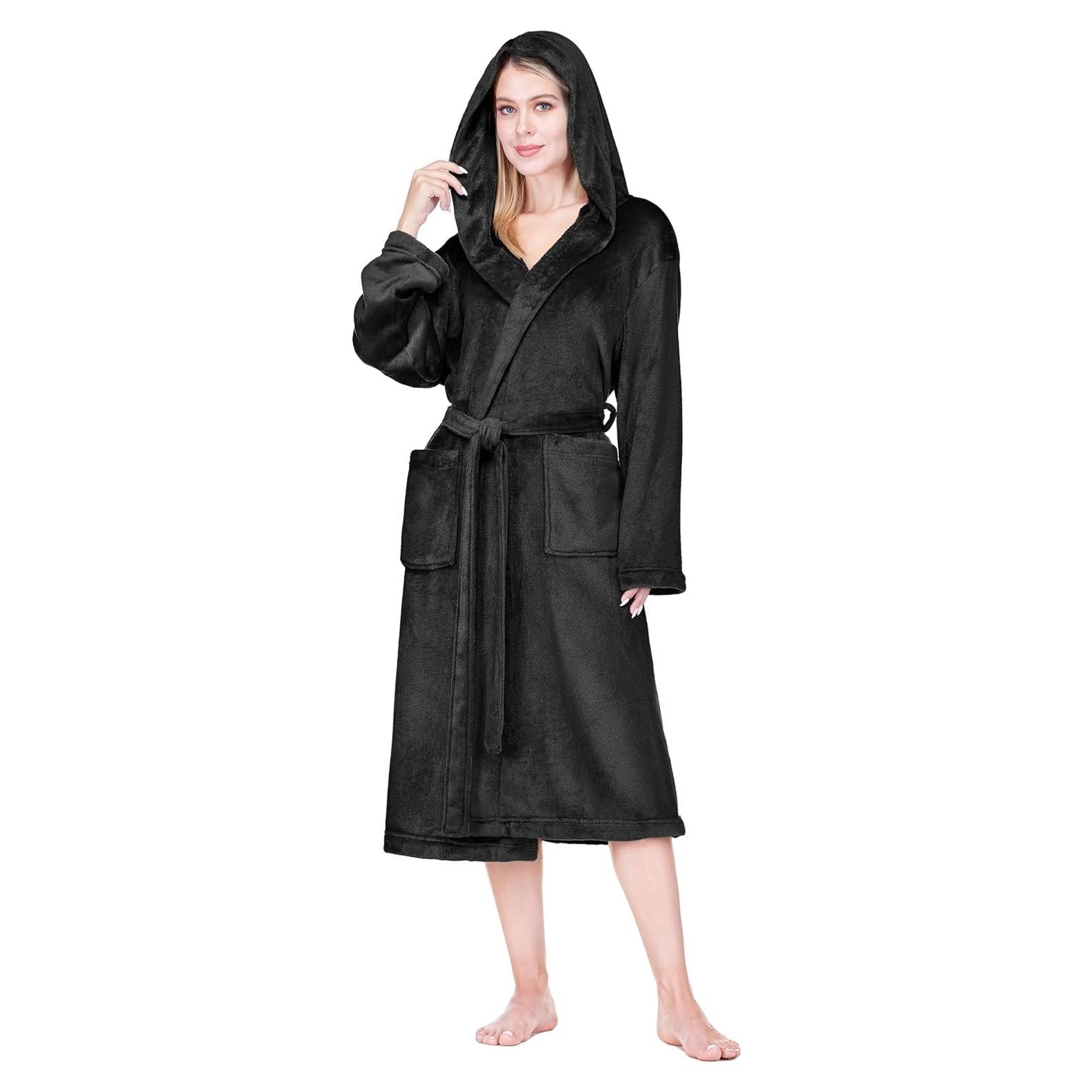 Bata de Forro Polar Negra para Mujer PAVILIA con Capucha