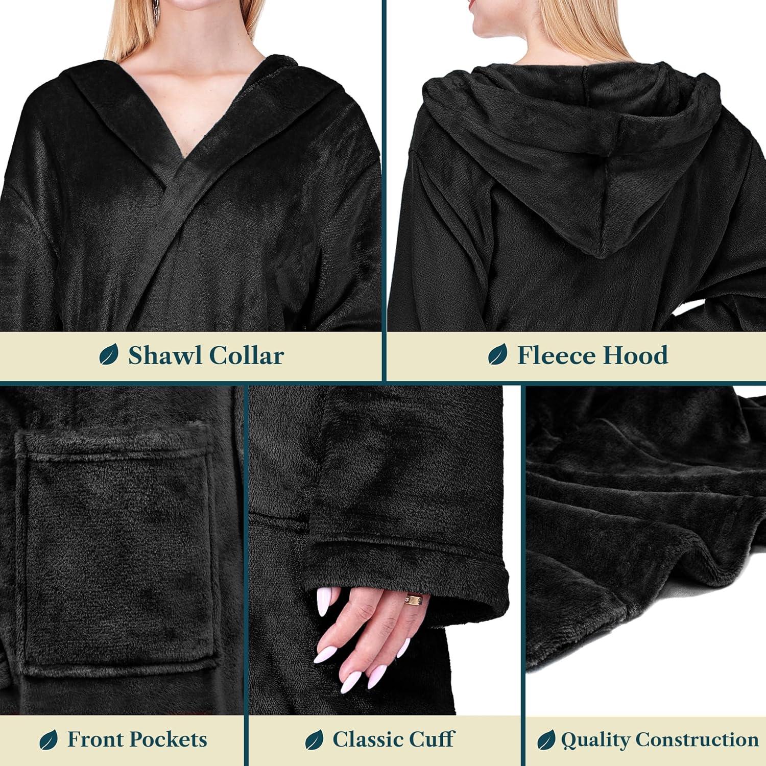 Bata de Forro Polar Negra para Mujer PAVILIA con Capucha