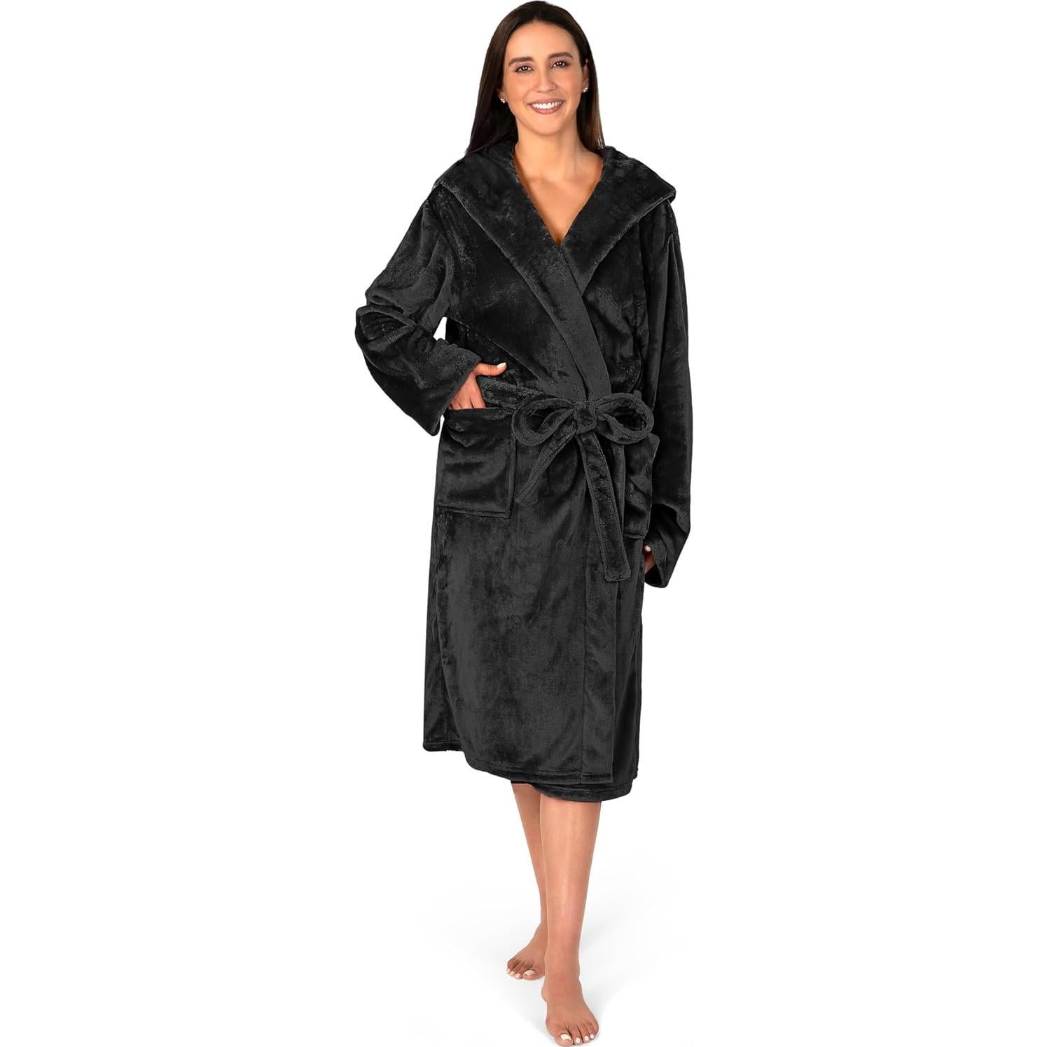 Bata de Forro Polar Negra para Mujer PAVILIA con Capucha