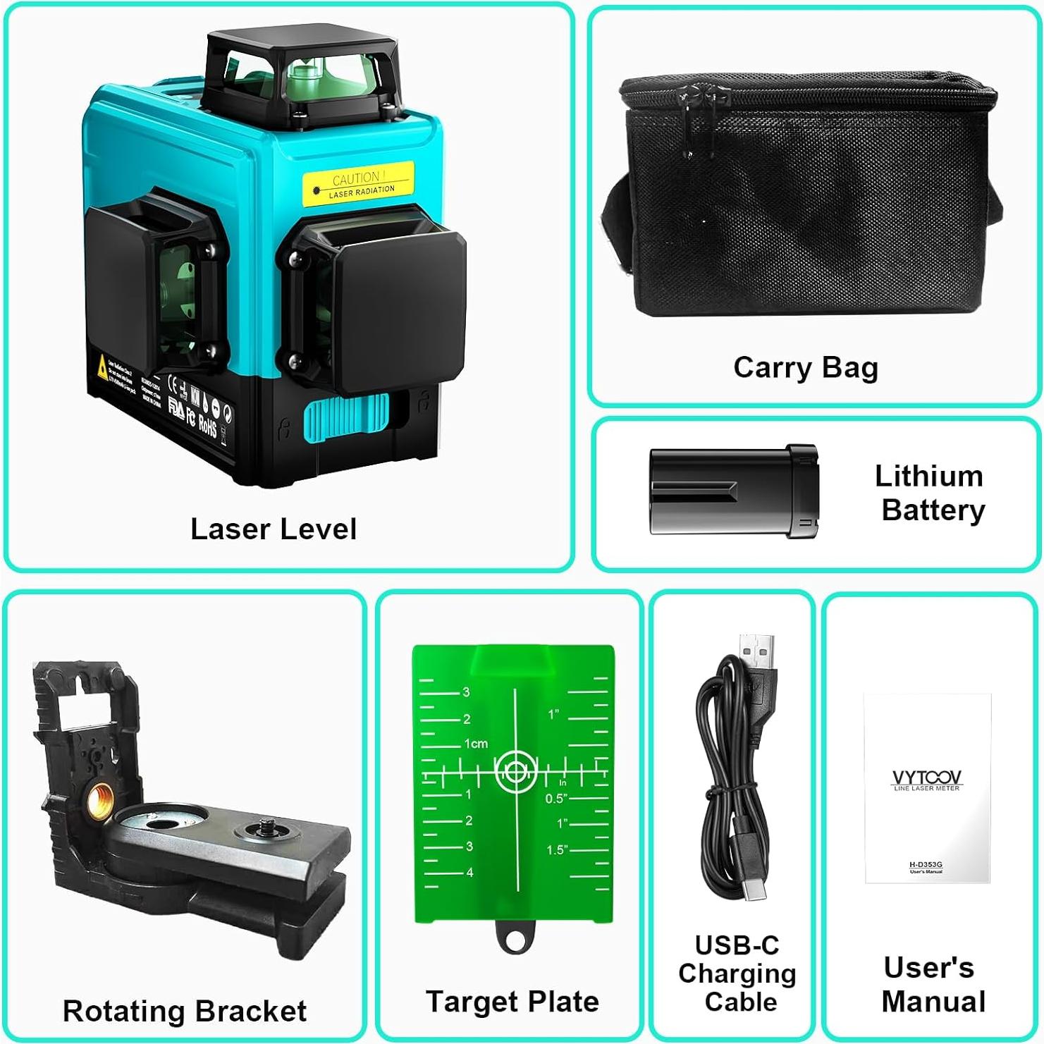 Nivel Láser Autonivelante VYTOOV 12 Líneas Verde USB-C