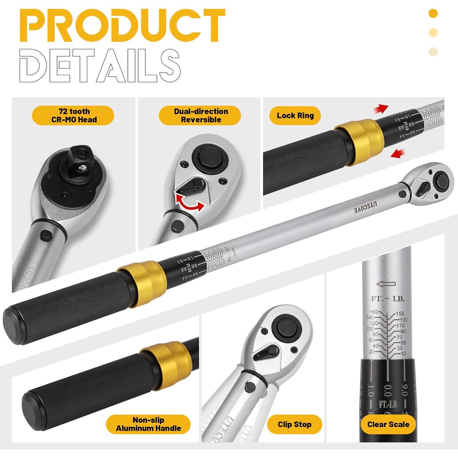 Juego de Llave de Torque UYECOVE 1/2" 10-160 FT-LB (13.6-217Nm) 8 Piezas