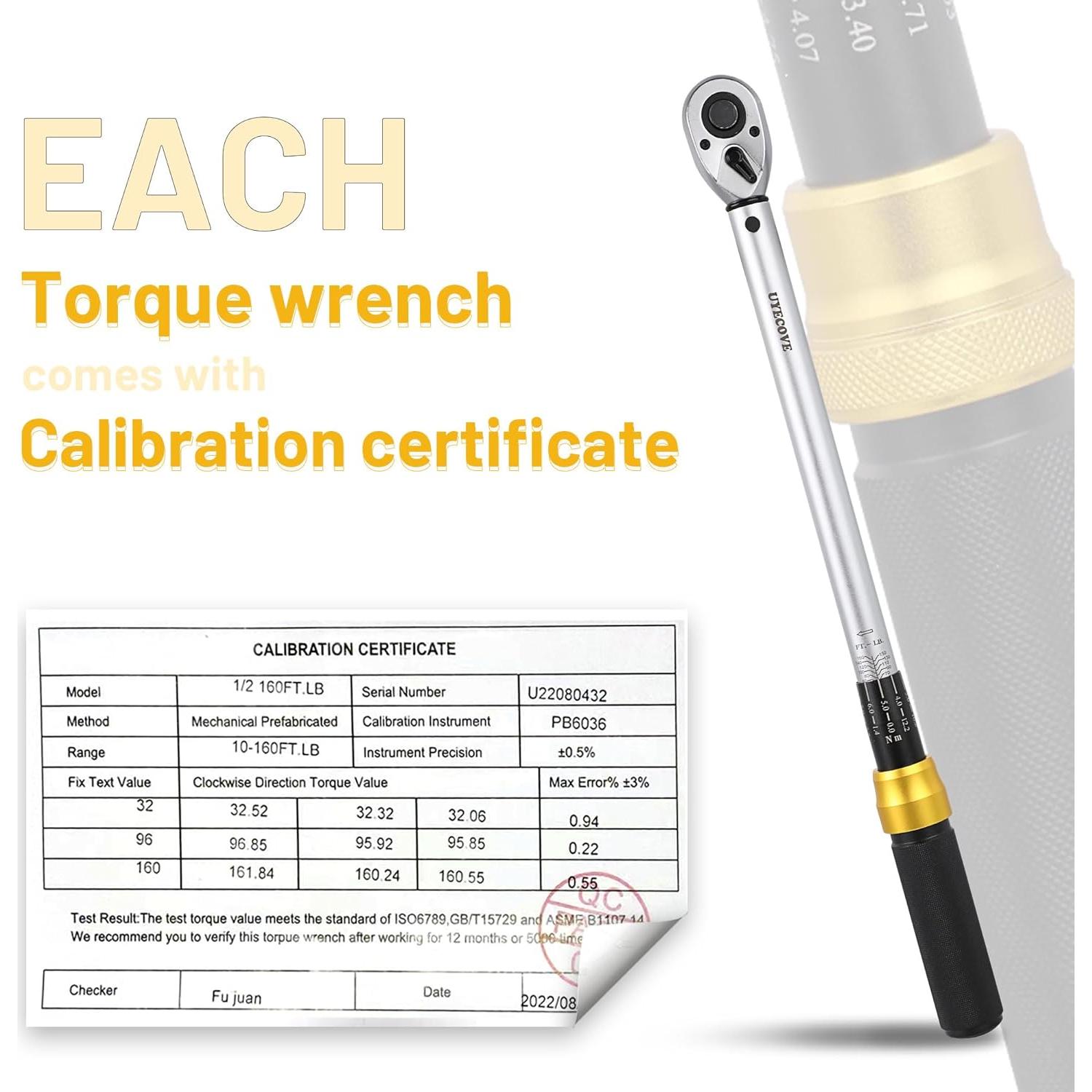 Juego de Llave de Torque UYECOVE 1/2" 10-160 FT-LB (13.6-217Nm) 8 Piezas