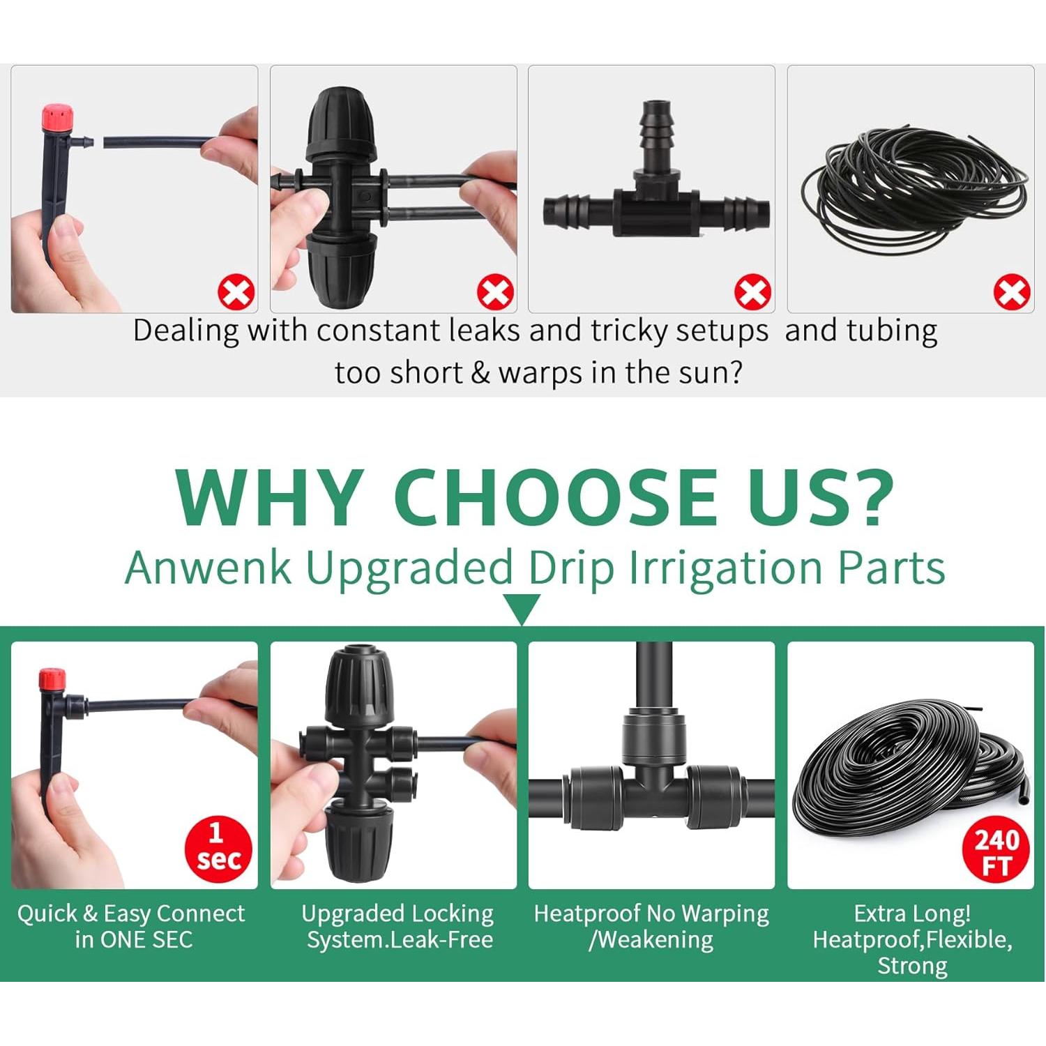 Sistema de Riego por Goteo Anwenk 240FT con Emisores y Conexiones