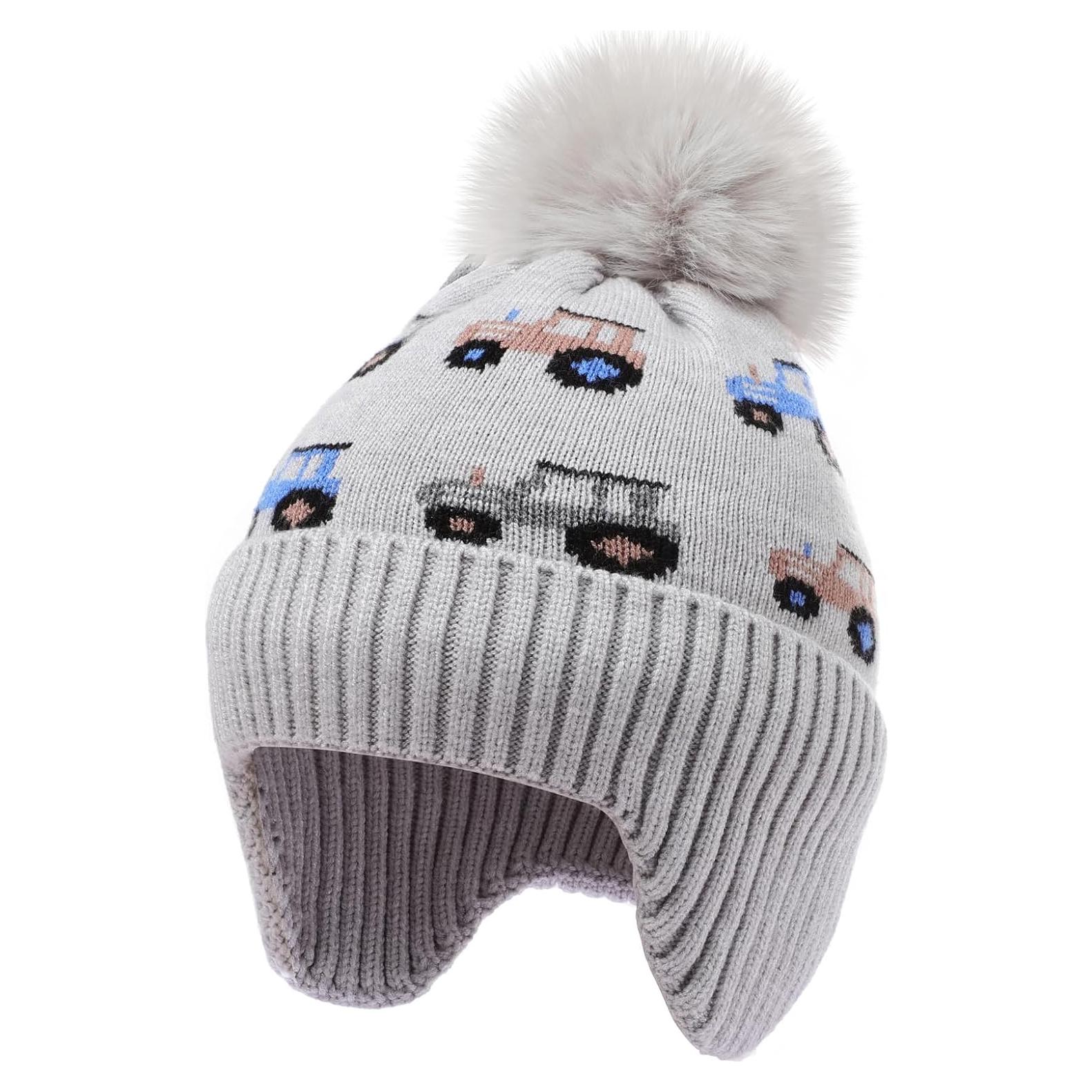 Gorro de Invierno para Niños con Orejeras y Pompon - Coche Gris