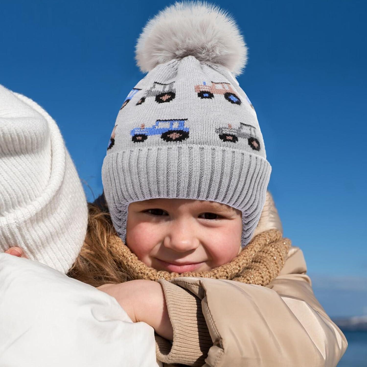 Gorro de Invierno para Niños con Orejeras y Pompon - Coche Gris