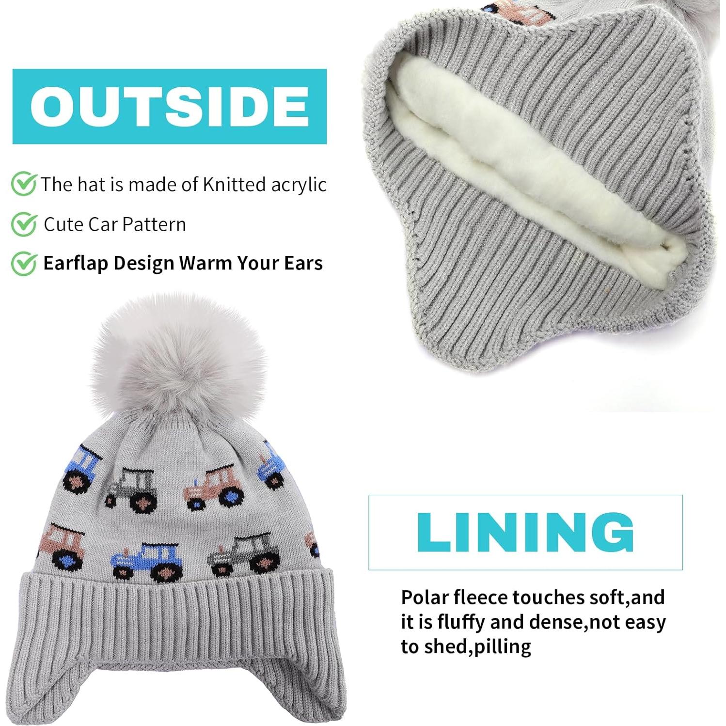 Gorro de Invierno para Niños con Orejeras y Pompon - Coche Gris