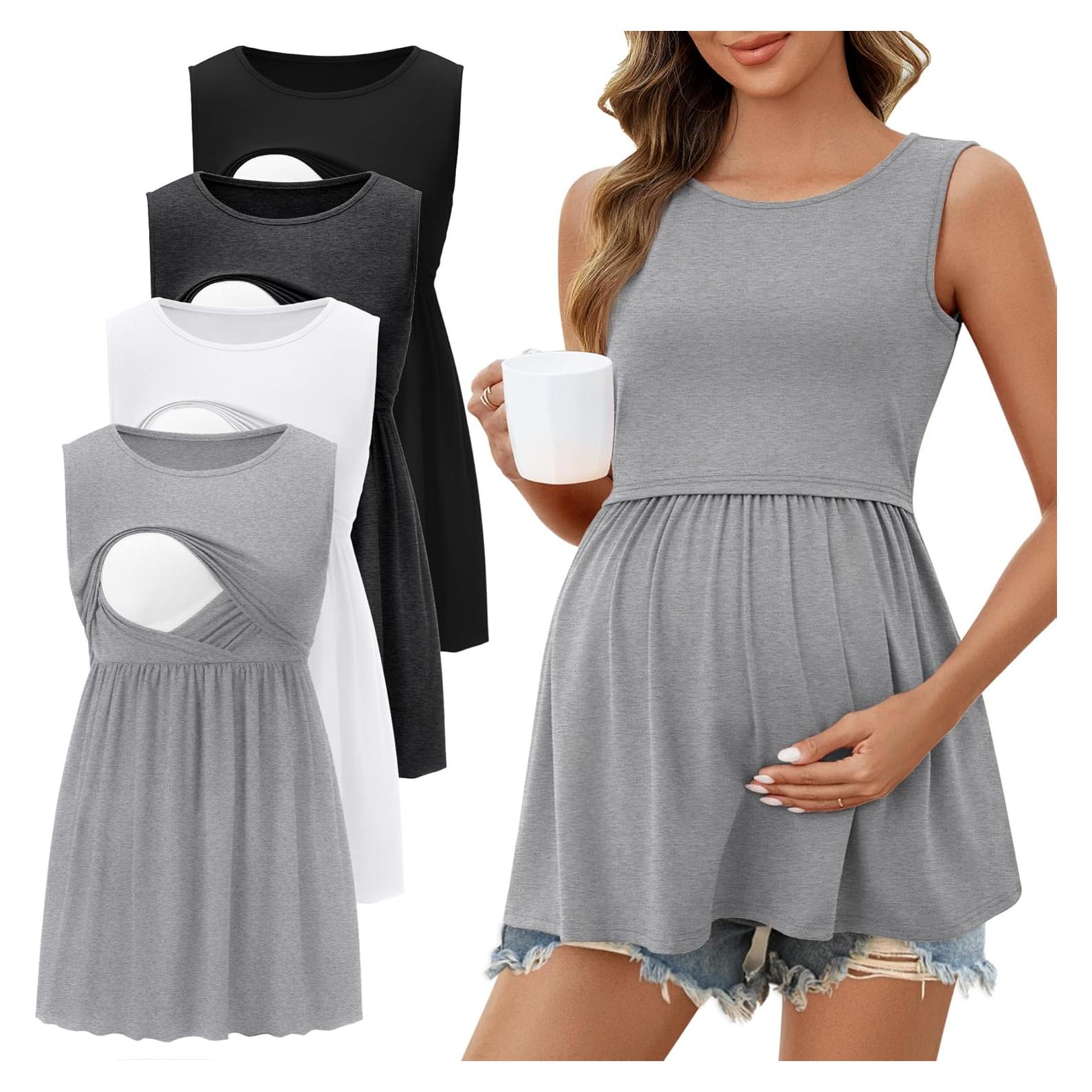 Ficerd 4 Camisetas Sin Mangas Maternidad Lactancia Algodón