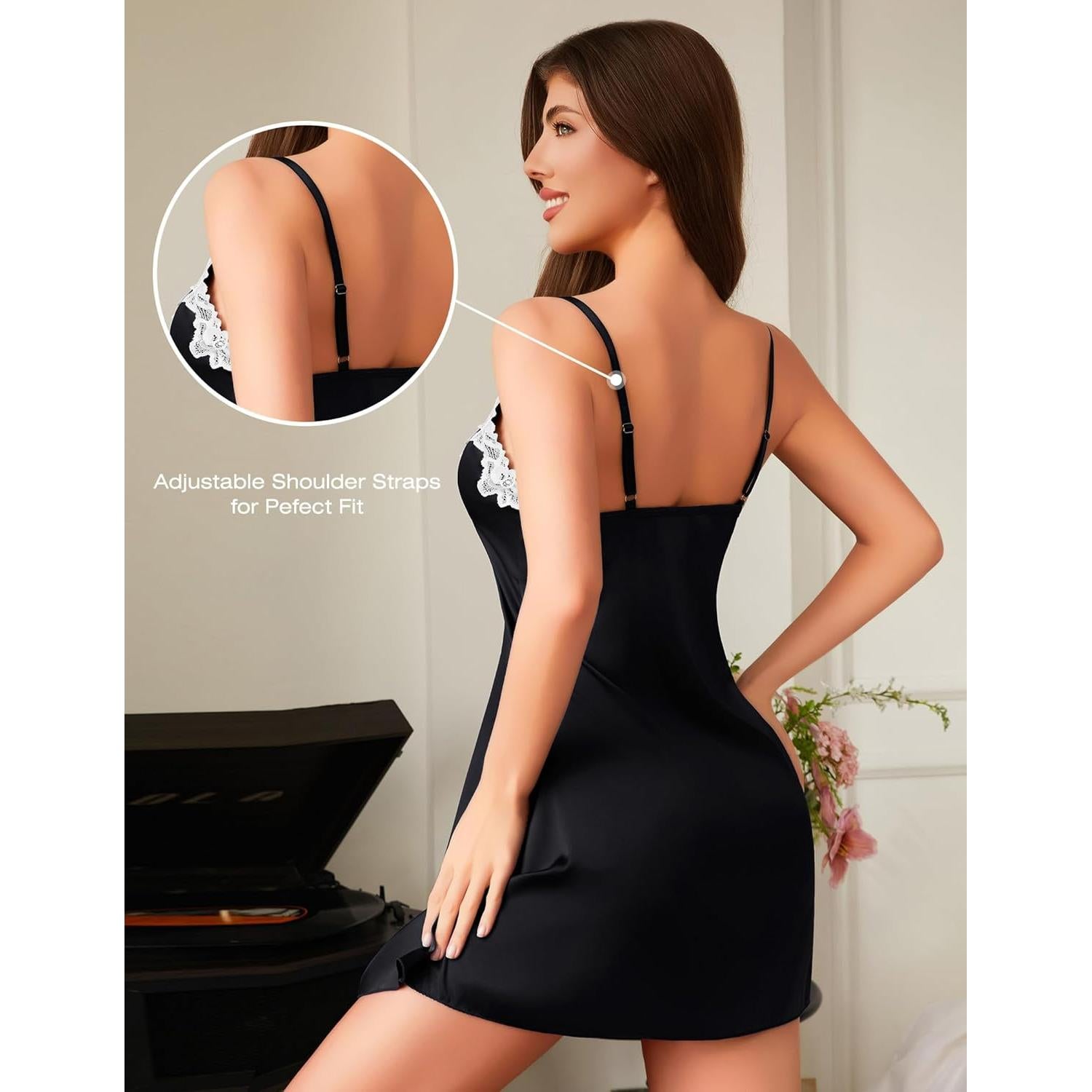 Camisón de Seda con Encaje Girece para Mujer - Negro