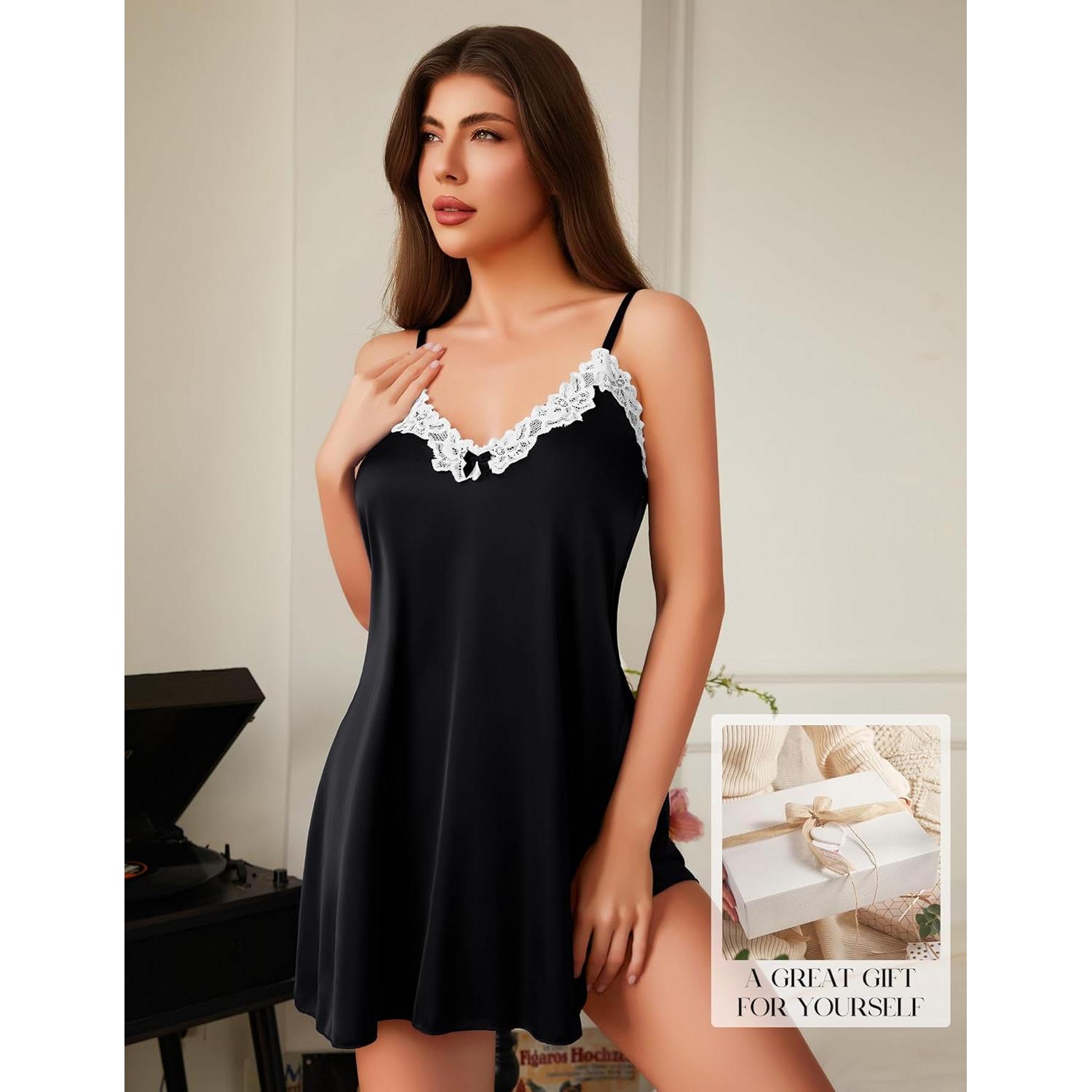 Camisón de Seda con Encaje Girece para Mujer - Negro