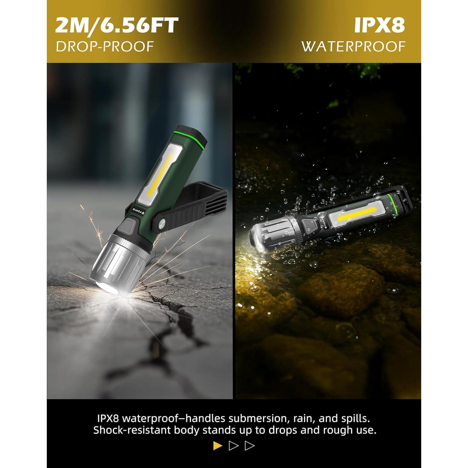 Linterna de Trabajo Recargable FORTO 2000LM IPX8 Verde