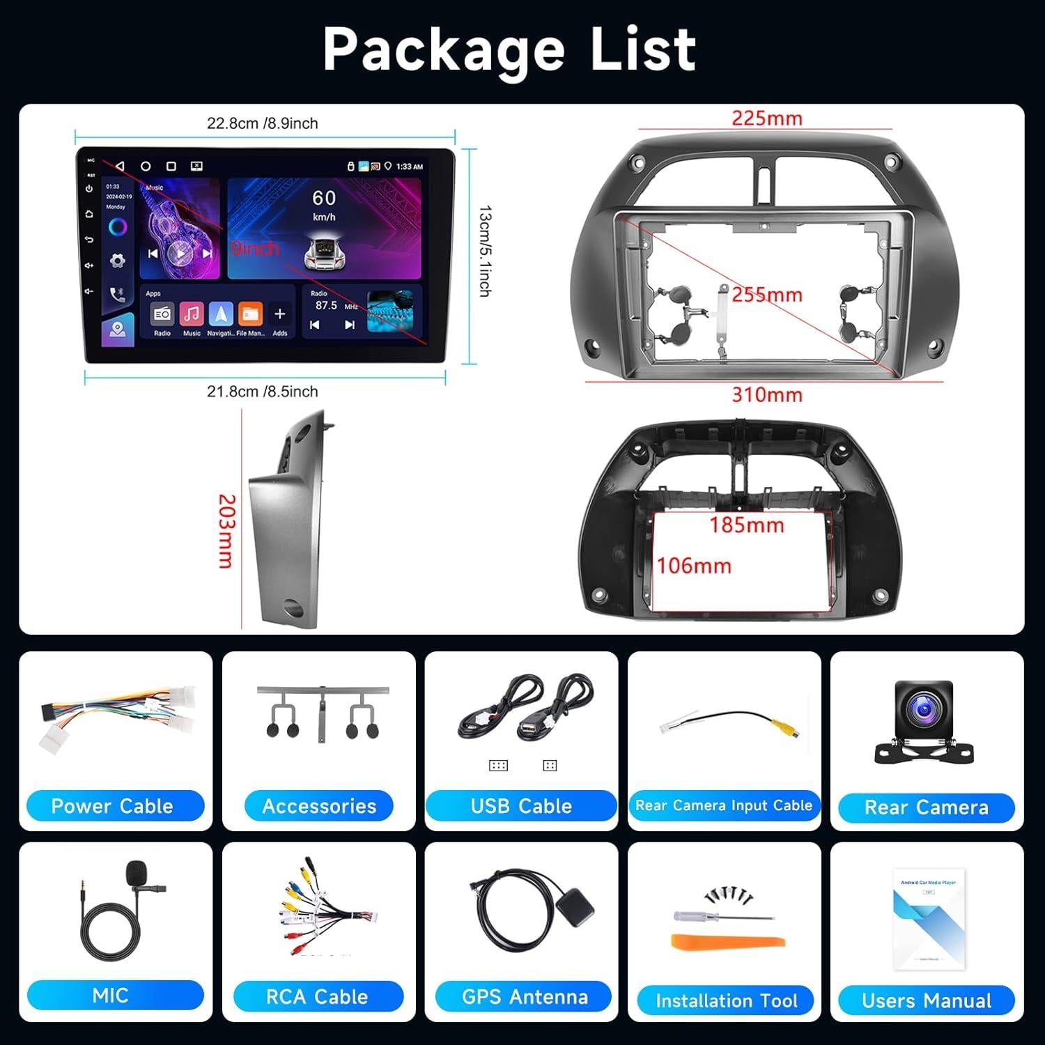 Estéreo Android 9" Hodozzy para Toyota RAV4 2001-2006 4G+64G