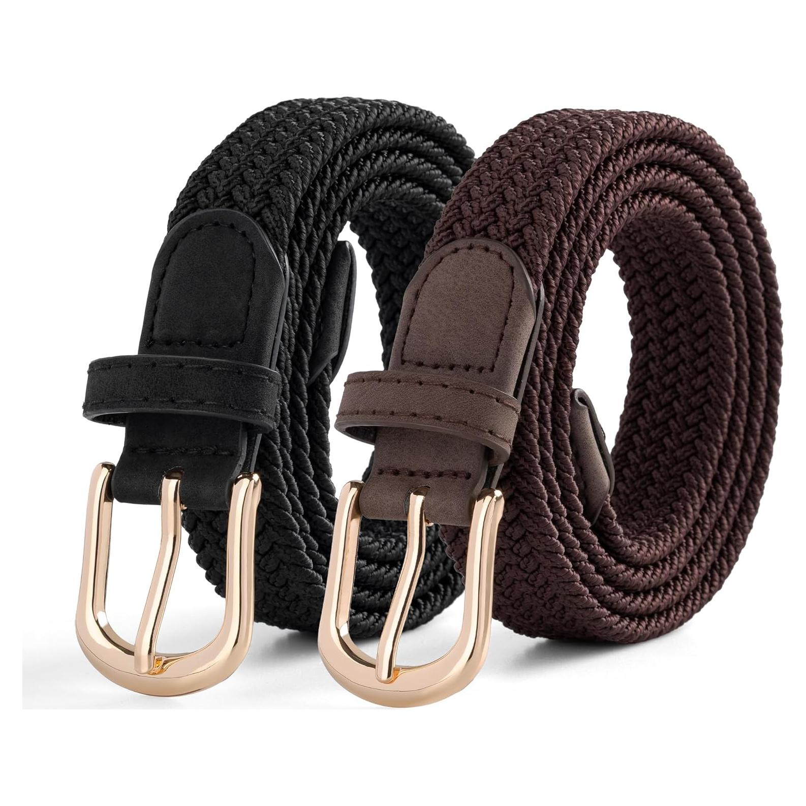 2 Cinturones Elásticos Trenzados para Mujeres con Hebilla Dorada