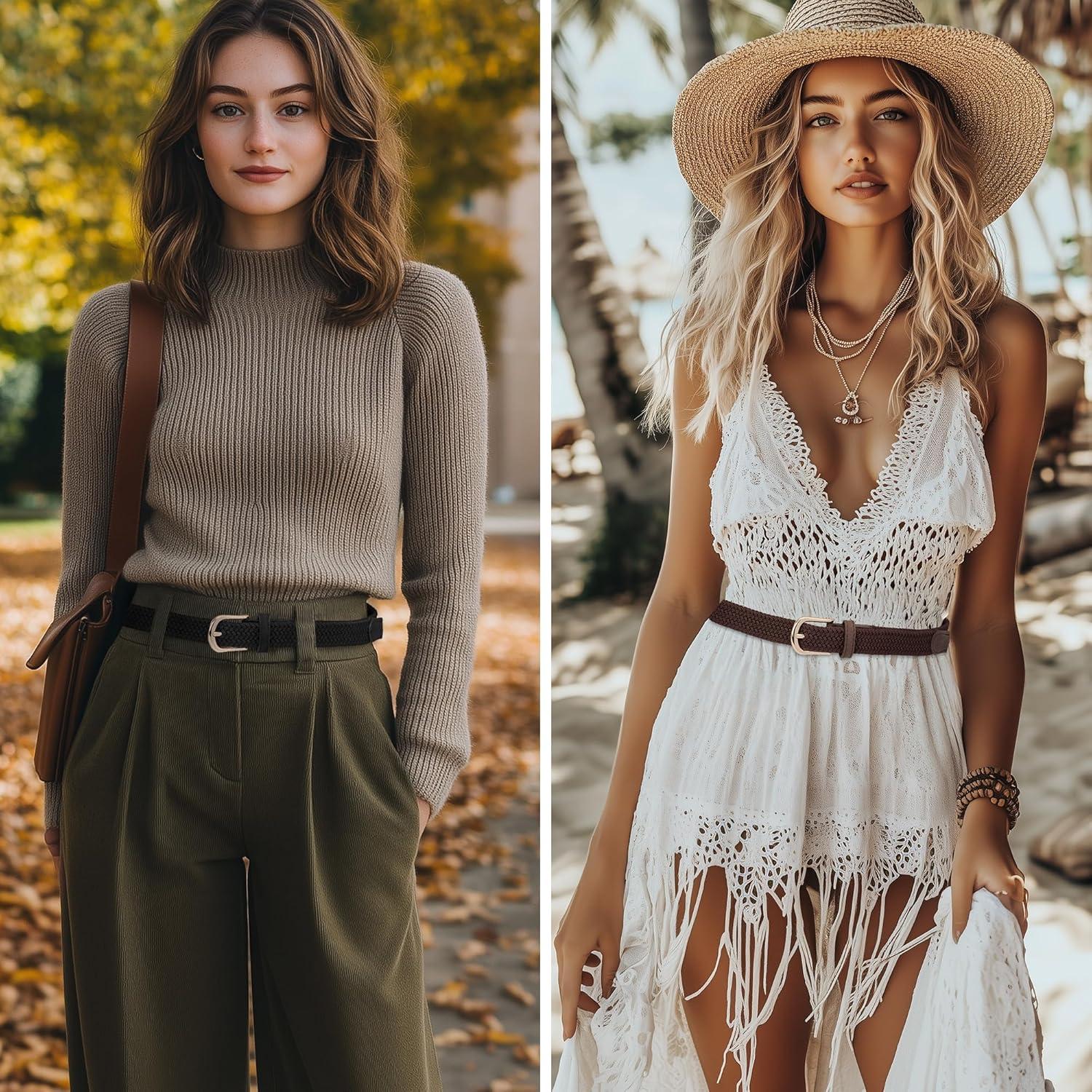 2 Cinturones Elásticos Trenzados para Mujeres con Hebilla Dorada