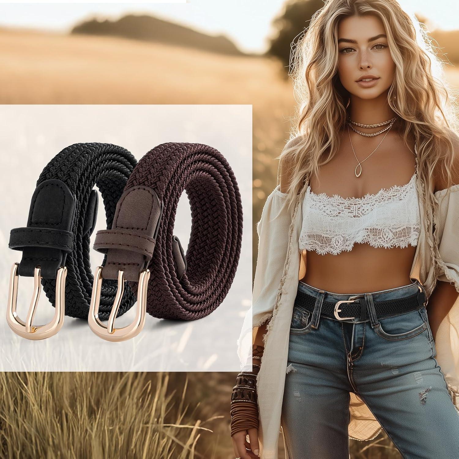 2 Cinturones Elásticos Trenzados para Mujeres con Hebilla Dorada