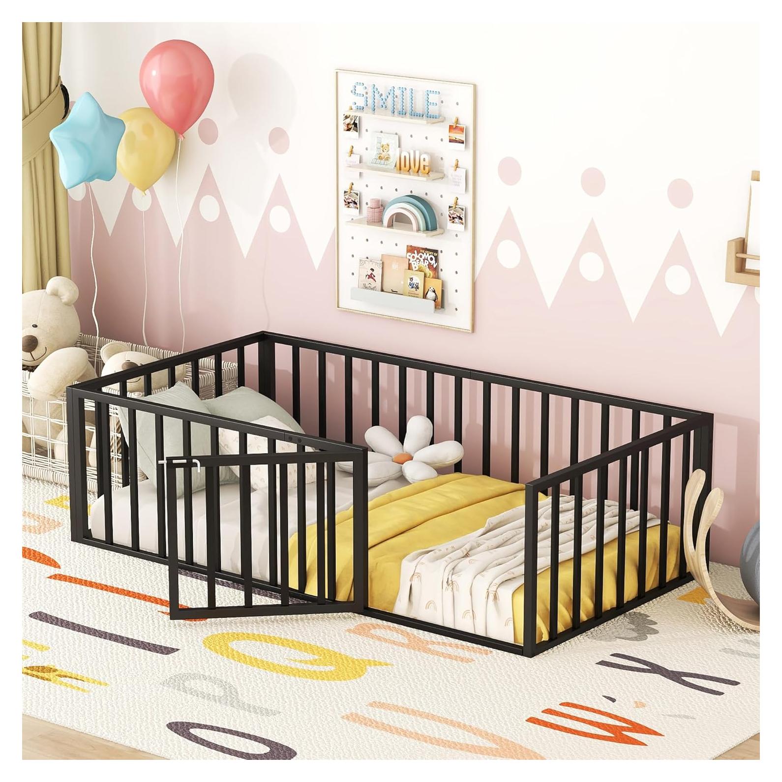 Cama de Piso Twin Acosure de Metal con Cerca y Puerta - Negro