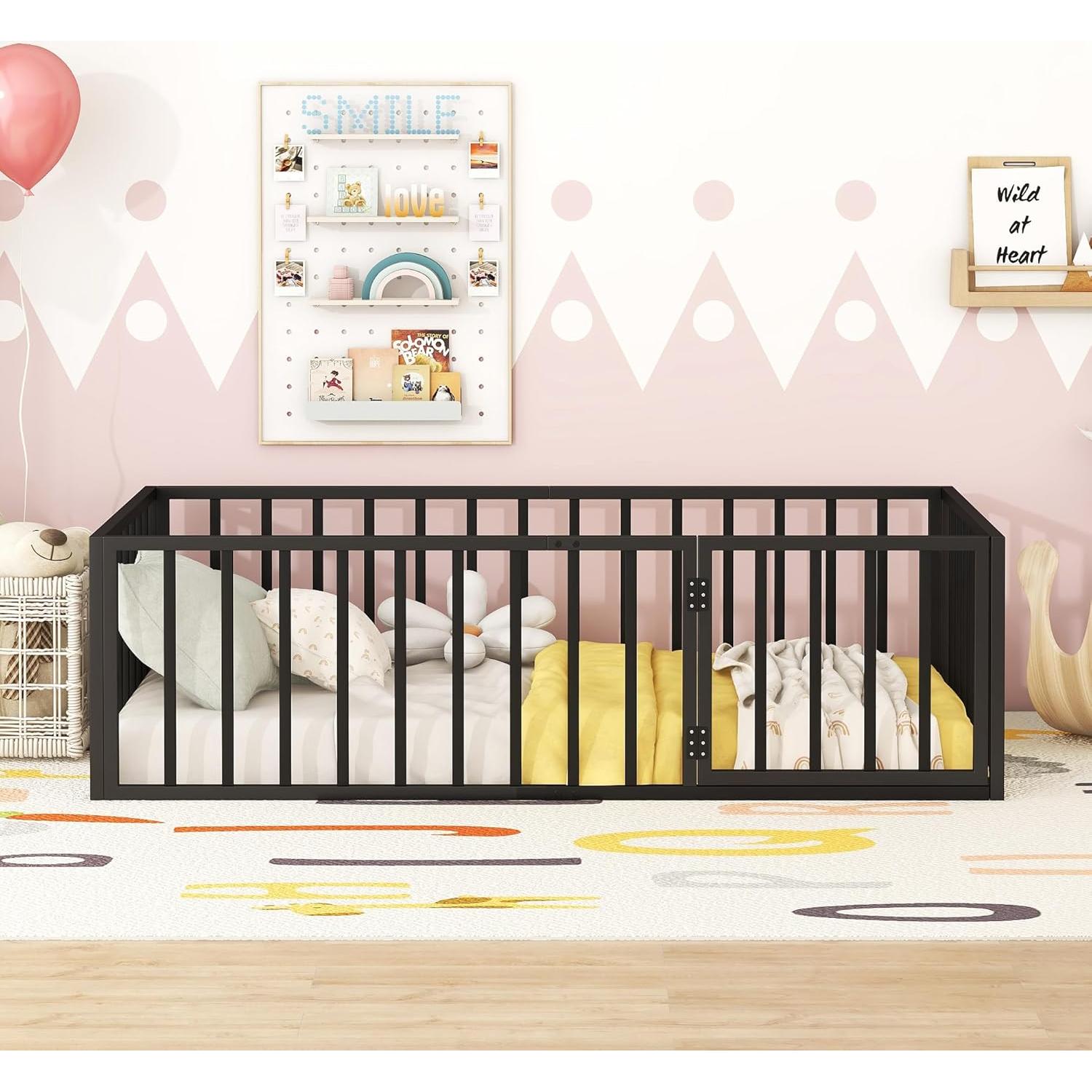 Cama de Piso Twin Acosure de Metal con Cerca y Puerta - Negro