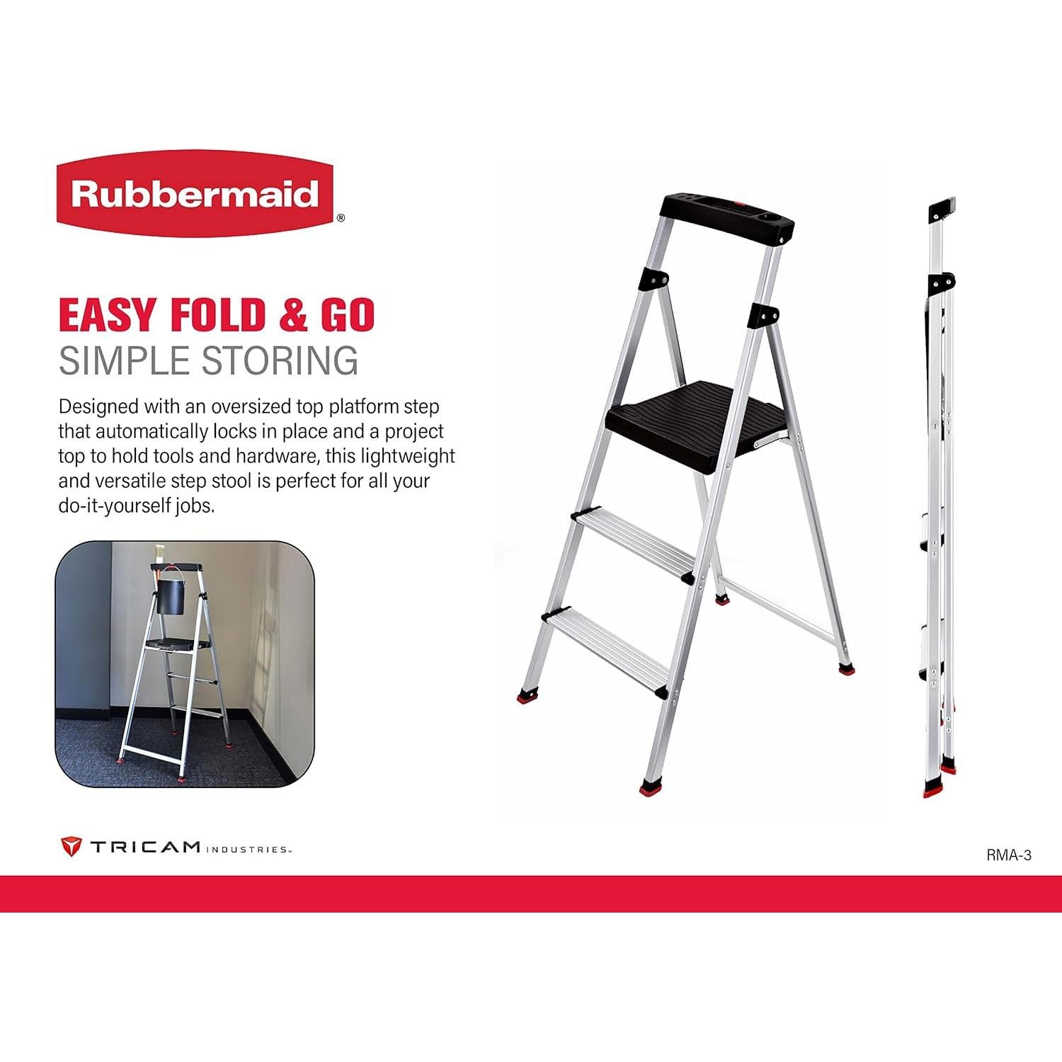 Escalera de 3 peldaños Rubbermaid, aluminio ligero, 102 kg