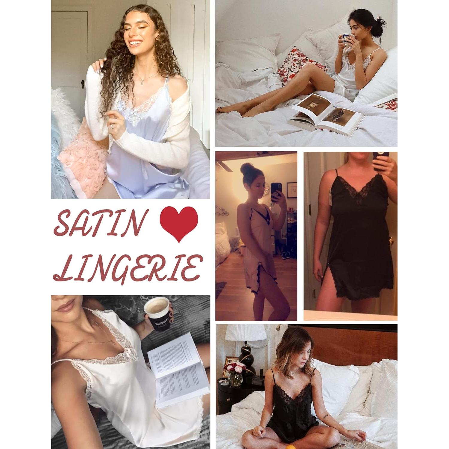 Camisón de Satén Ekouaer Babydoll Negro Lencería Mujer