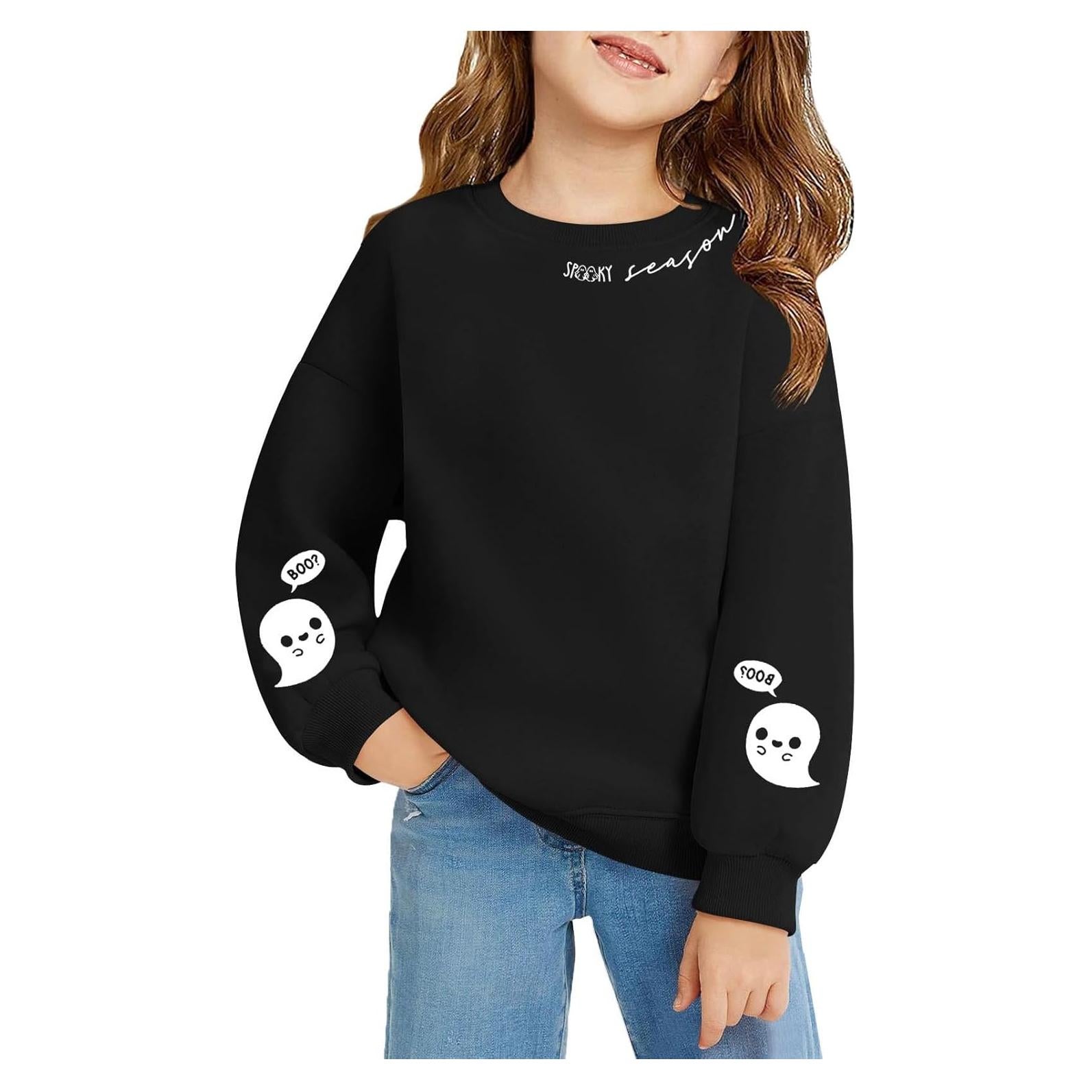 Kids Halloween Crewneck Sweatshirts Boy Girl Ghost Graphic Pullover Tops Cute Spooky Season Long Sleeve Shirt