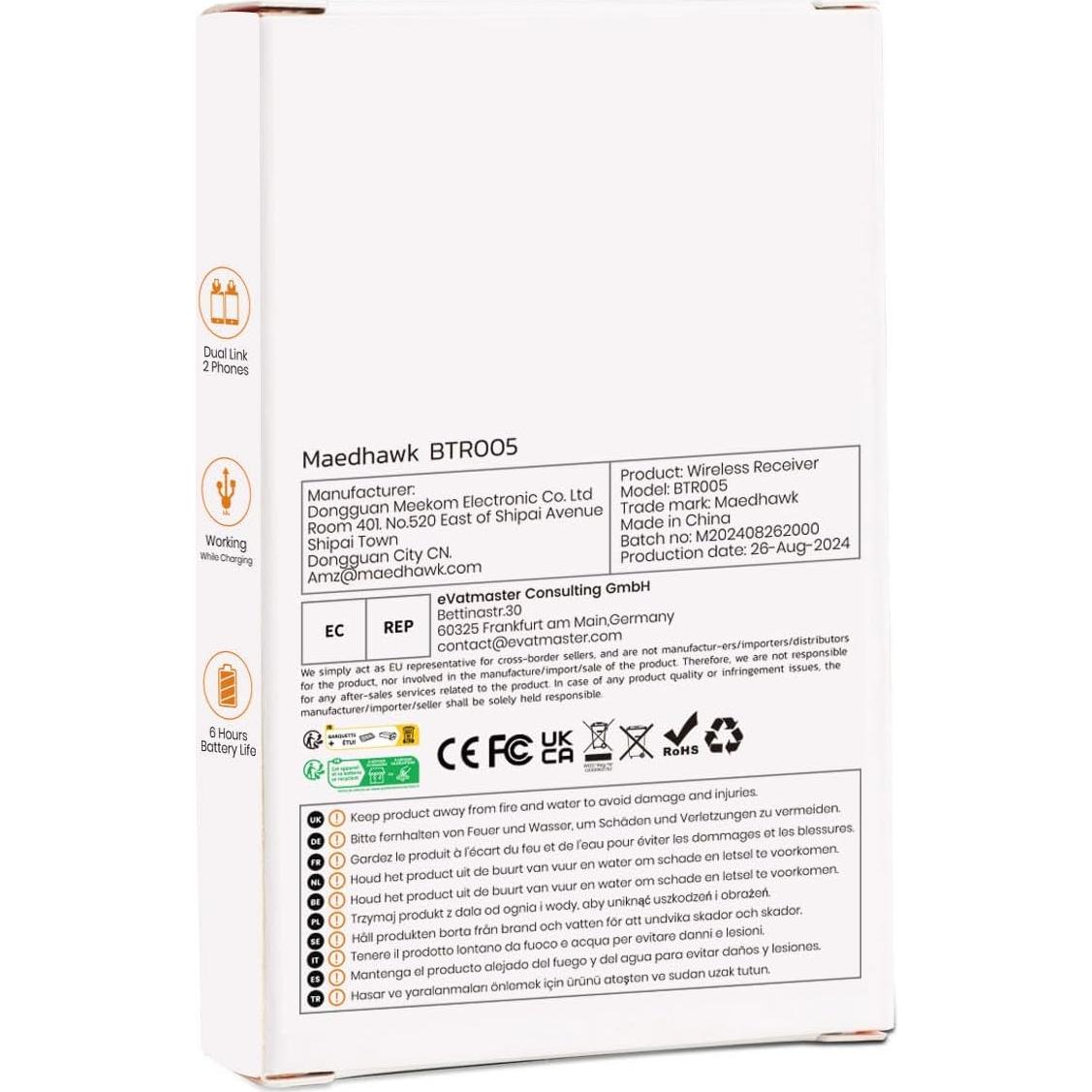 Receptor Bluetooth 5.0 Maedhawk BTR005 para Coche 3.5mm