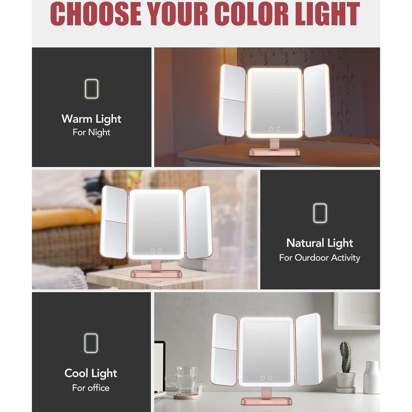 Espejo de Maquillaje EASEHOLD Trifacético Iluminado 5000mAh