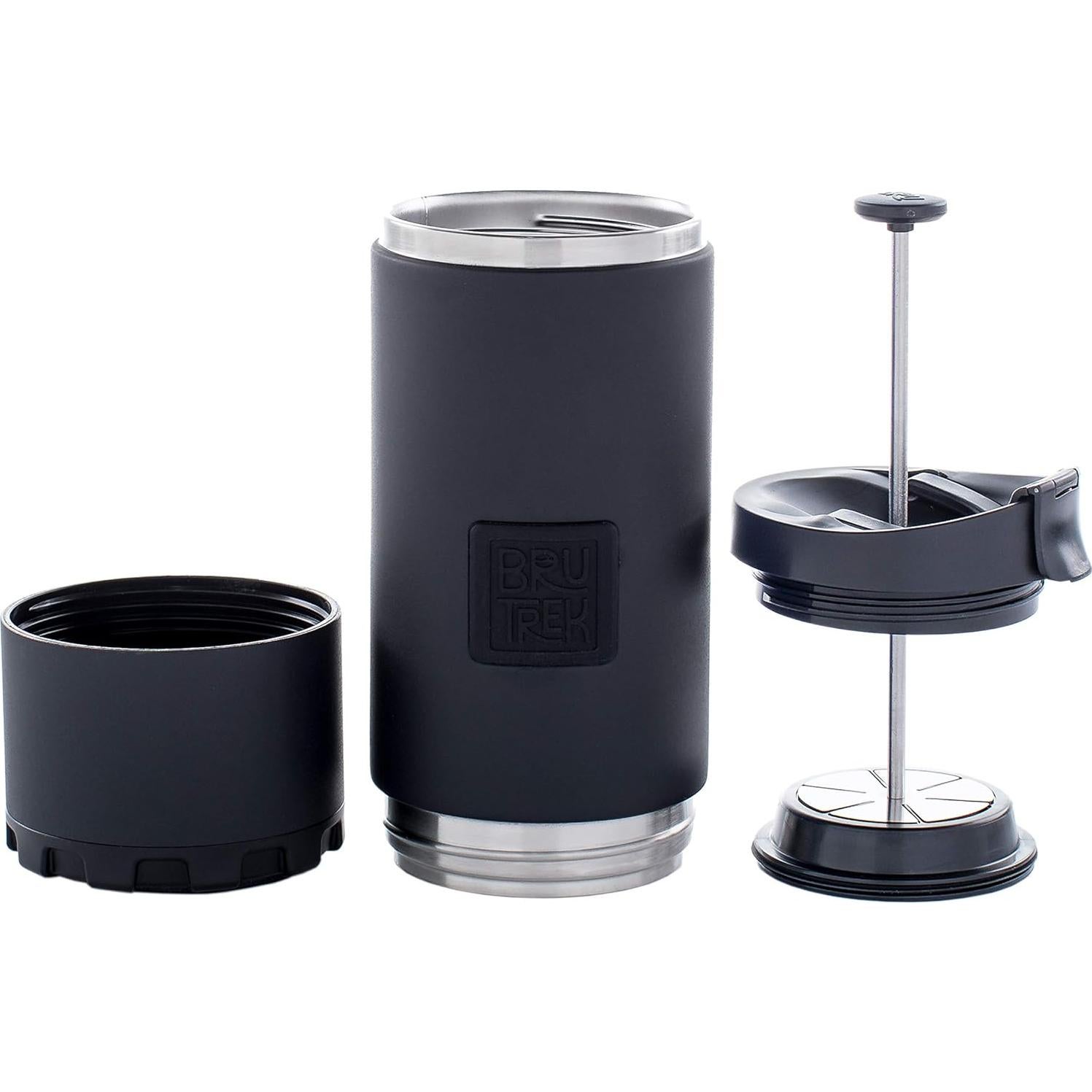 BruTrek OVRLNDR Travel Coffee French Press, 24 fl.oz Capacity, Double Wall Vacuum Insulated, Easy To Clean Removable Bottom, No Spill Lid, On The Go Coffee Brewing (Obsidian)