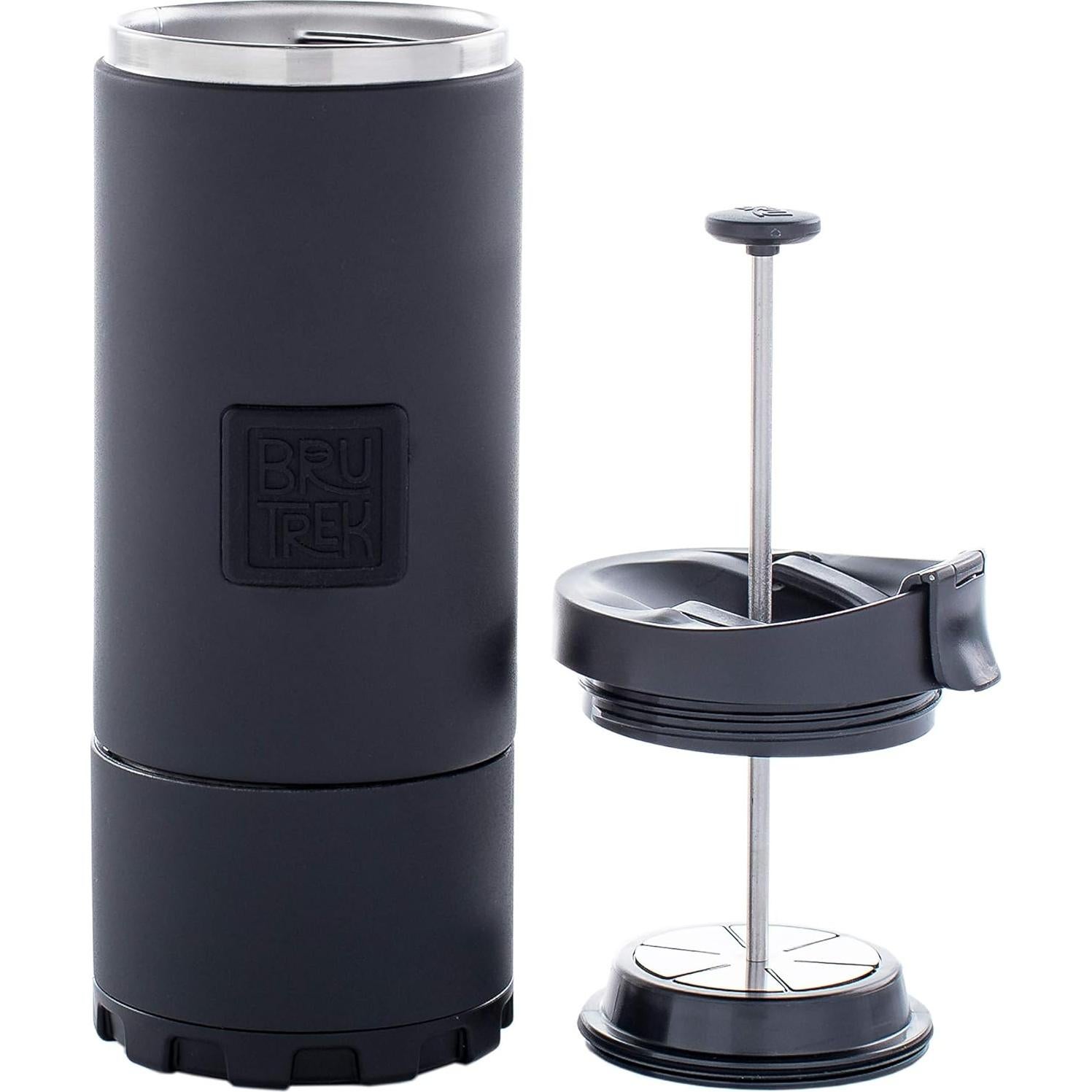 BruTrek OVRLNDR Travel Coffee French Press, 24 fl.oz Capacity, Double Wall Vacuum Insulated, Easy To Clean Removable Bottom, No Spill Lid, On The Go Coffee Brewing (Obsidian)