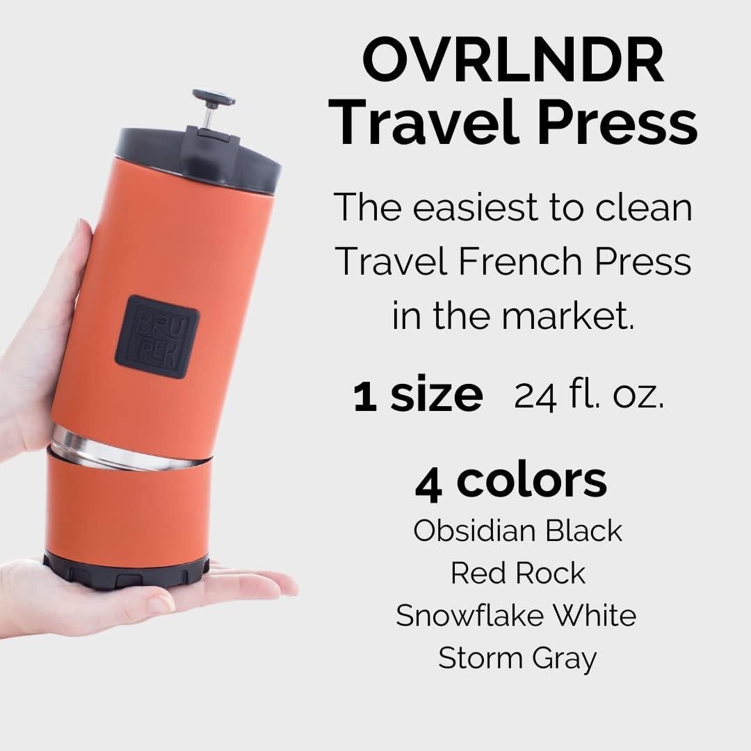 BruTrek OVRLNDR Travel Coffee French Press, 24 fl.oz Capacity, Double Wall Vacuum Insulated, Easy To Clean Removable Bottom, No Spill Lid, On The Go Coffee Brewing (Obsidian)