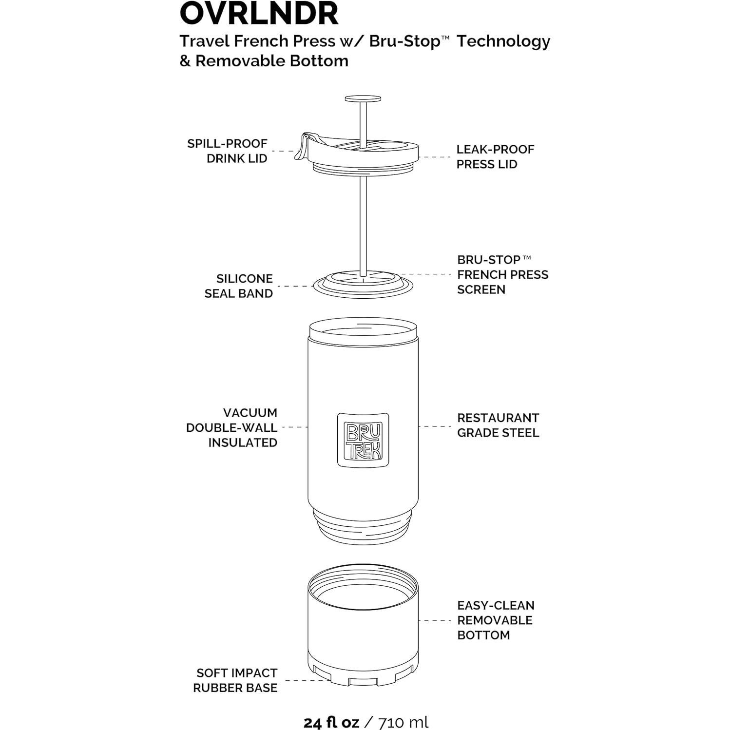 BruTrek OVRLNDR Travel Coffee French Press, 24 fl.oz Capacity, Double Wall Vacuum Insulated, Easy To Clean Removable Bottom, No Spill Lid, On The Go Coffee Brewing (Obsidian)