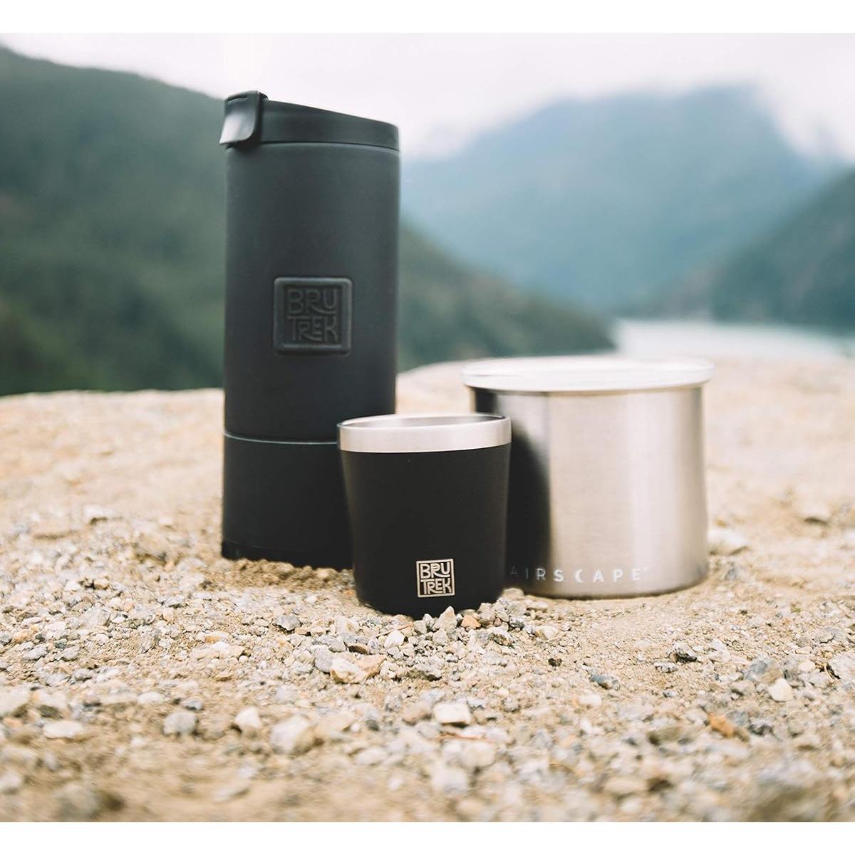 BruTrek OVRLNDR Travel Coffee French Press, 24 fl.oz Capacity, Double Wall Vacuum Insulated, Easy To Clean Removable Bottom, No Spill Lid, On The Go Coffee Brewing (Obsidian)